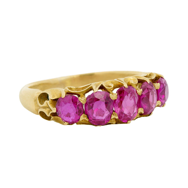 Art Nouveau 18k No Heat Burmese Ruby Five Stone Ring