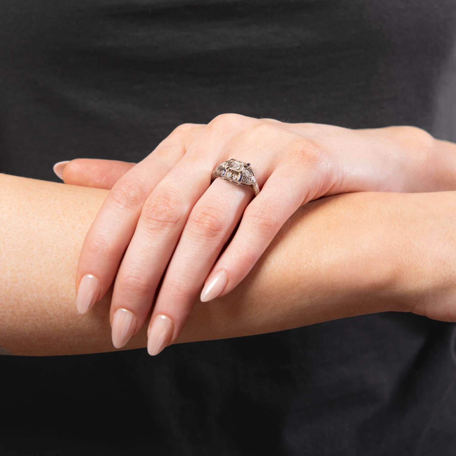 Art Deco 18k Diamond and Sapphire Filigree Ring