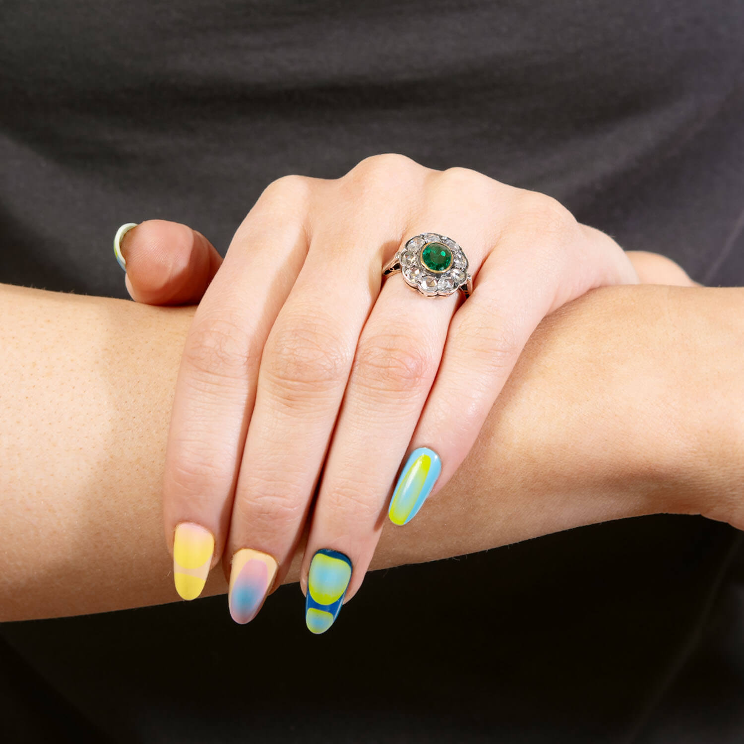 Victorian 14k/Sterling Silver Emerald and Diamond Halo Ring