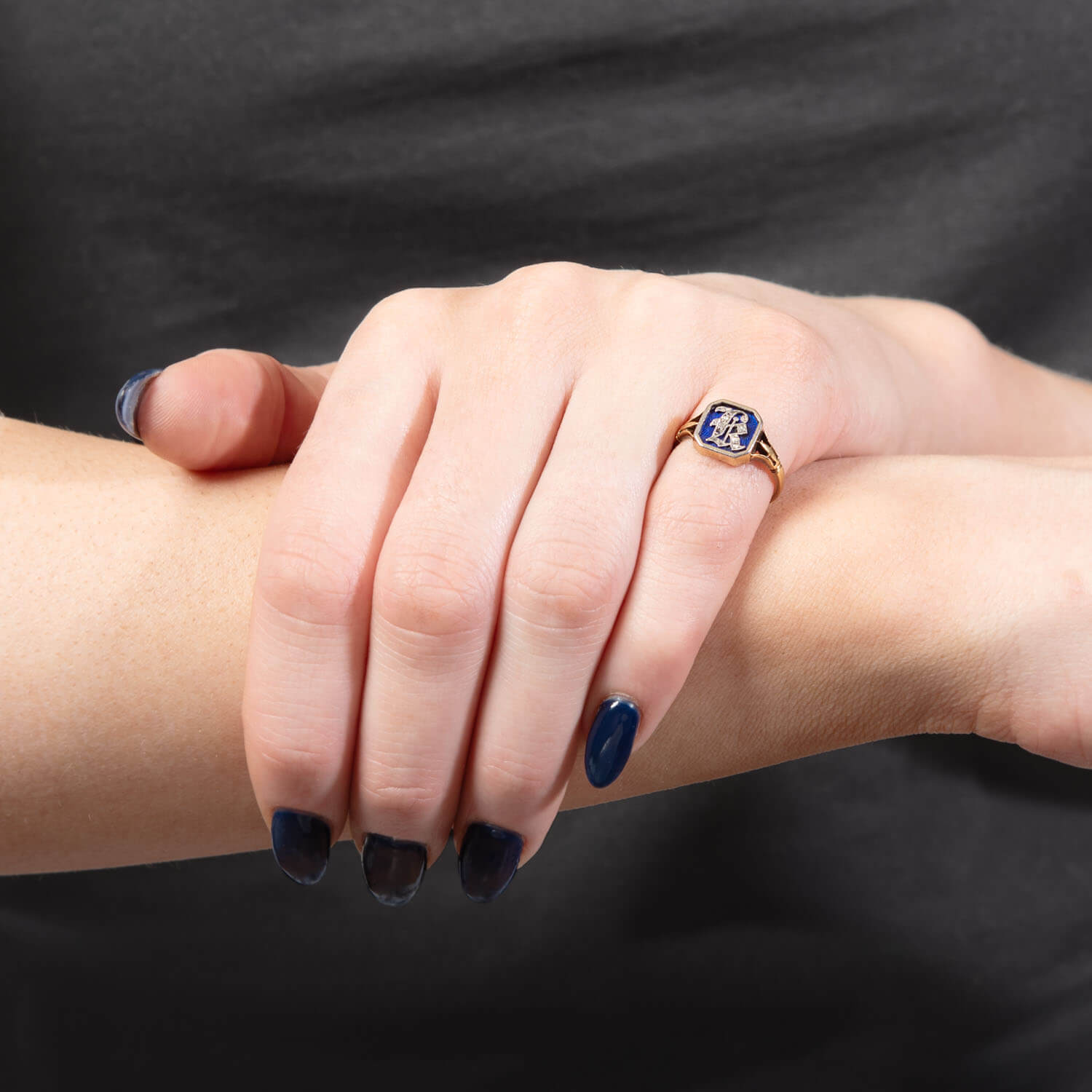 Victorian 18k Diamond and Enamel "R" Ring
