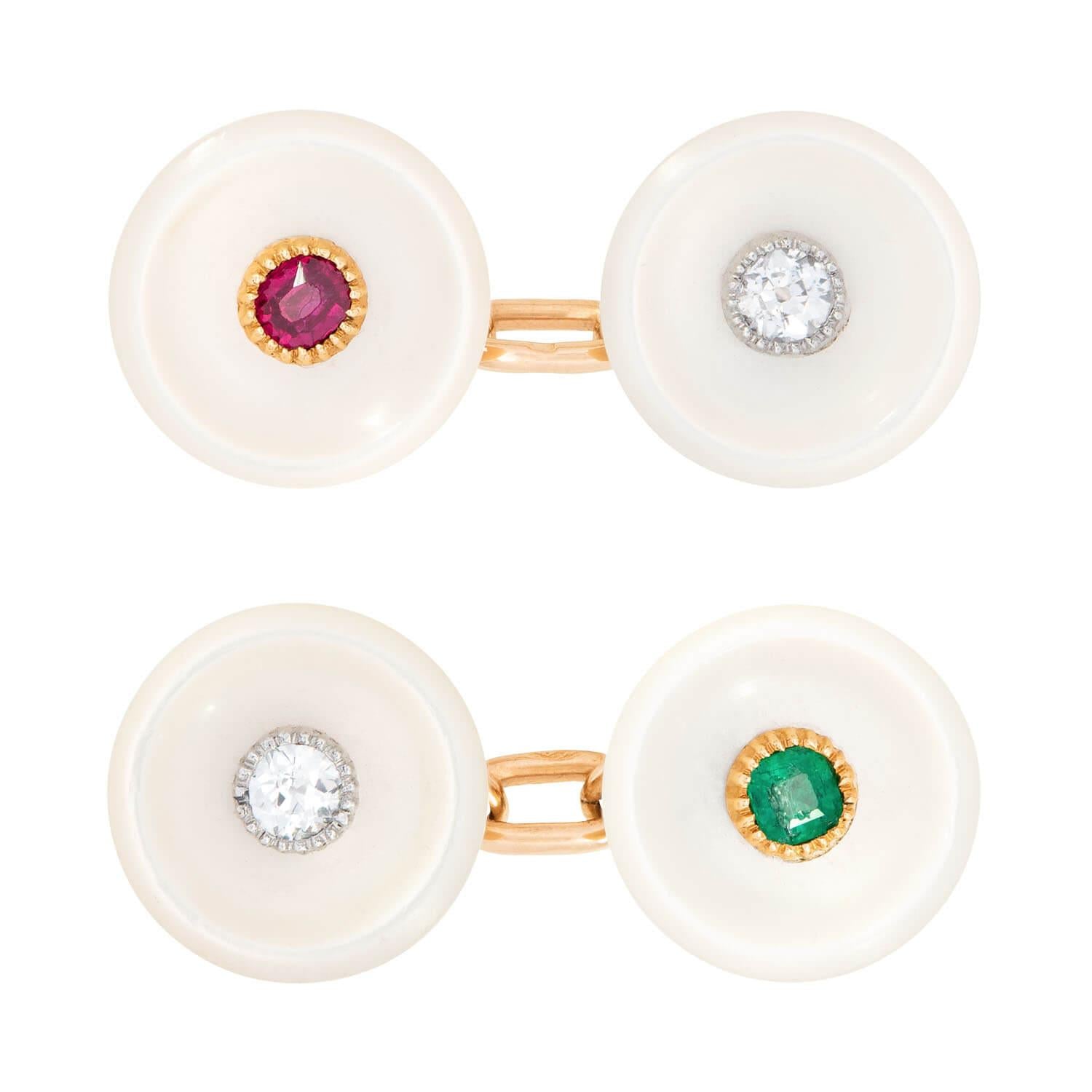 Edwardian 14k/Platinum Mother of Pearl, Diamond, Ruby, and Emerald Cufflinks