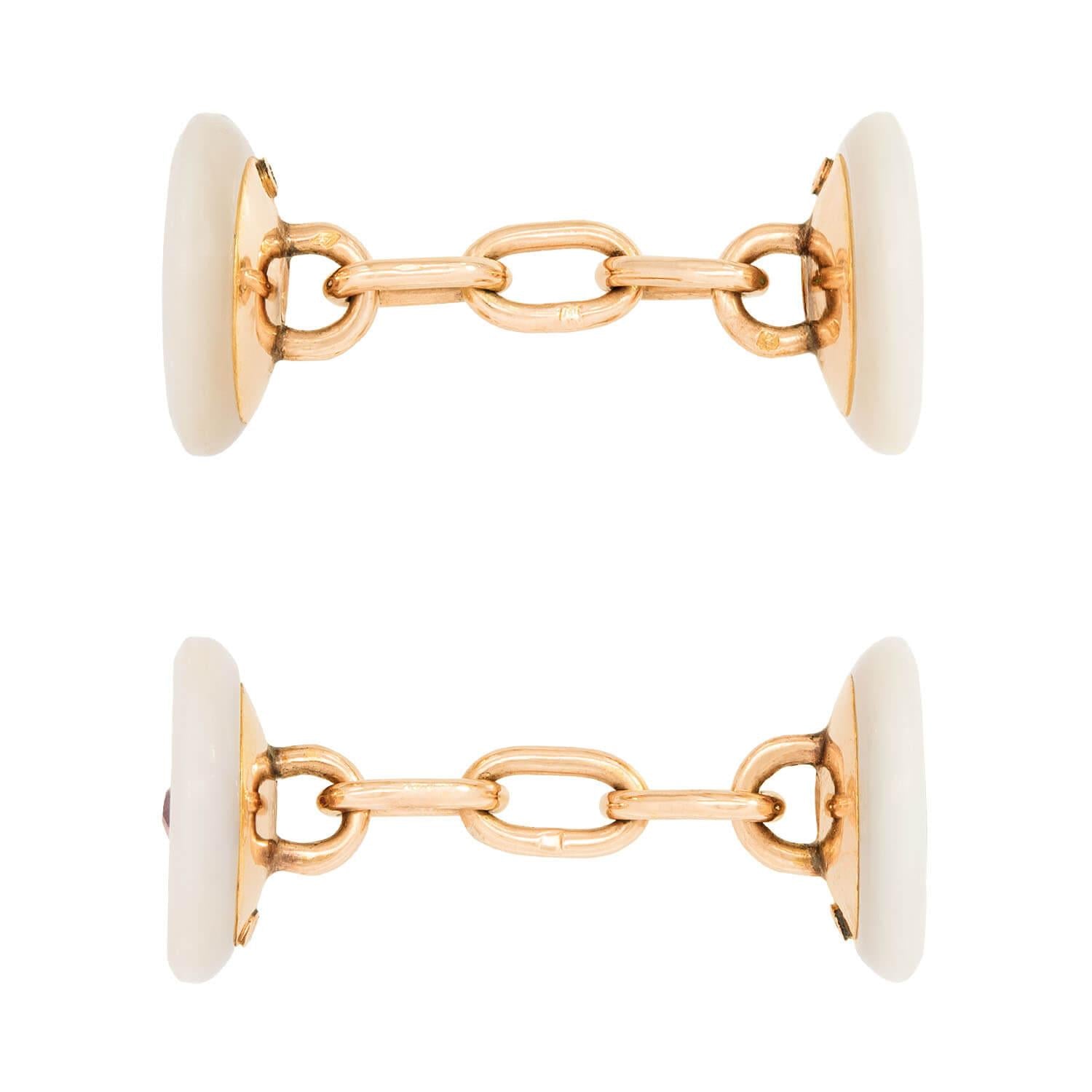 Edwardian 14k/Platinum Mother of Pearl, Diamond, Ruby, and Emerald Cufflinks
