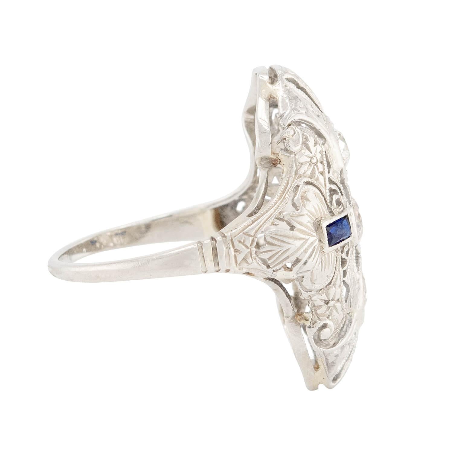Art Deco 18K Diamond and Sapphire Navette Ring