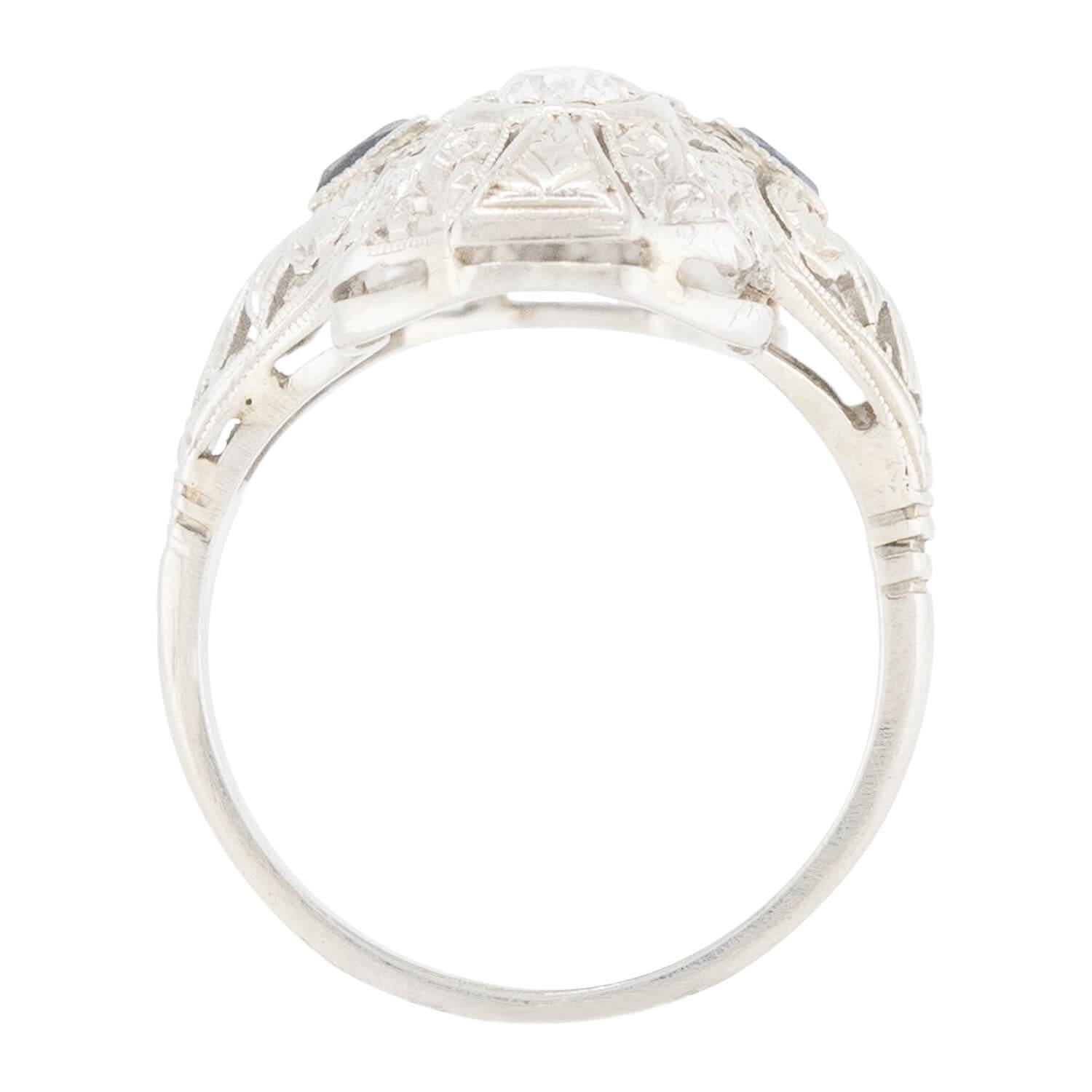 Art Deco 18K Diamond and Sapphire Navette Ring