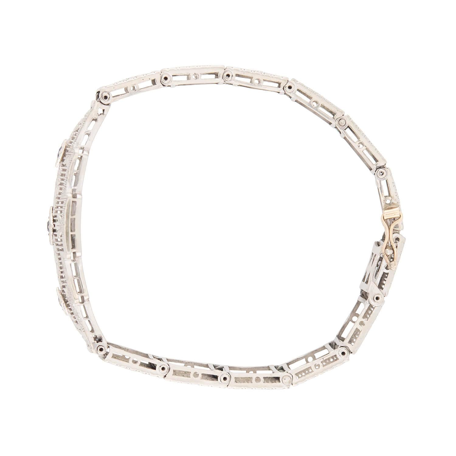 Art Deco 14k White Sapphire Filigree Line Bracelet