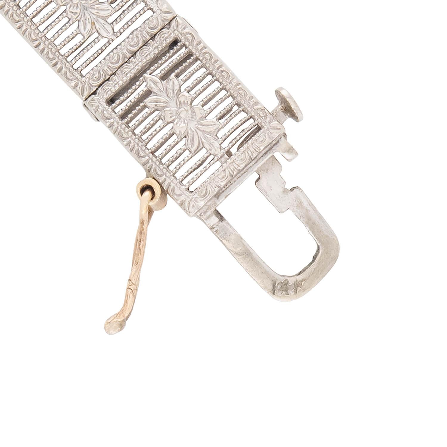Art Deco 14k White Sapphire Filigree Line Bracelet