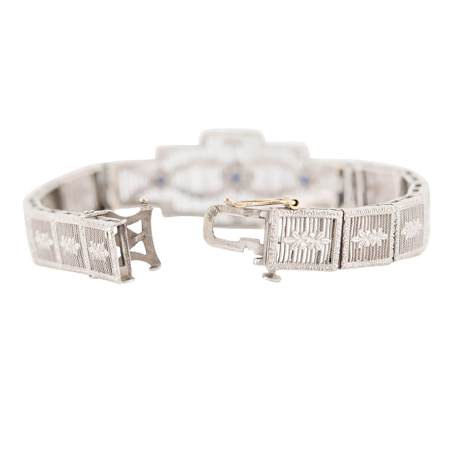 Art Deco 14k White Sapphire Filigree Line Bracelet