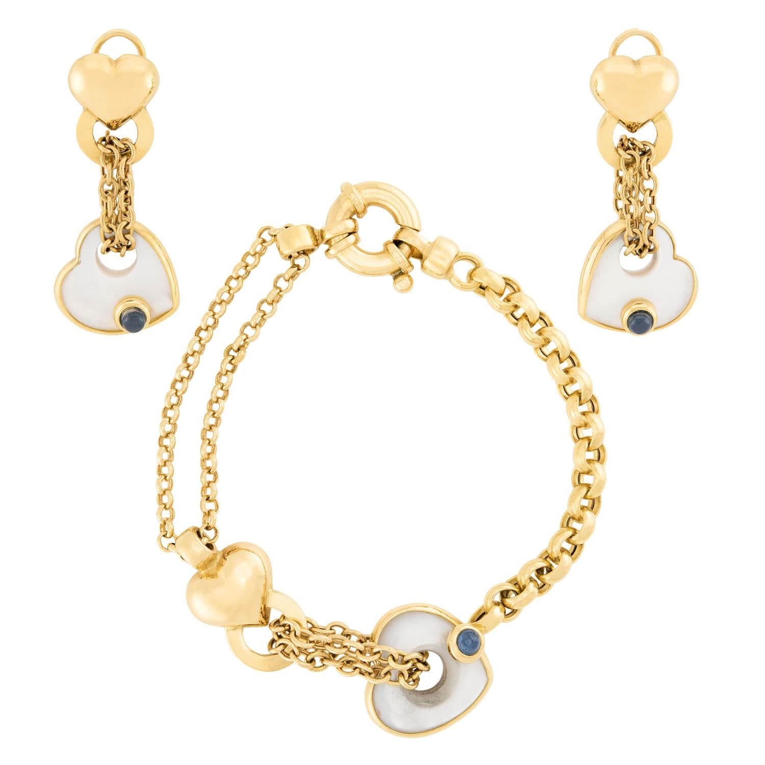 Estate 18k Mother of Pearl and Sapphire Earring and Bracelet Set