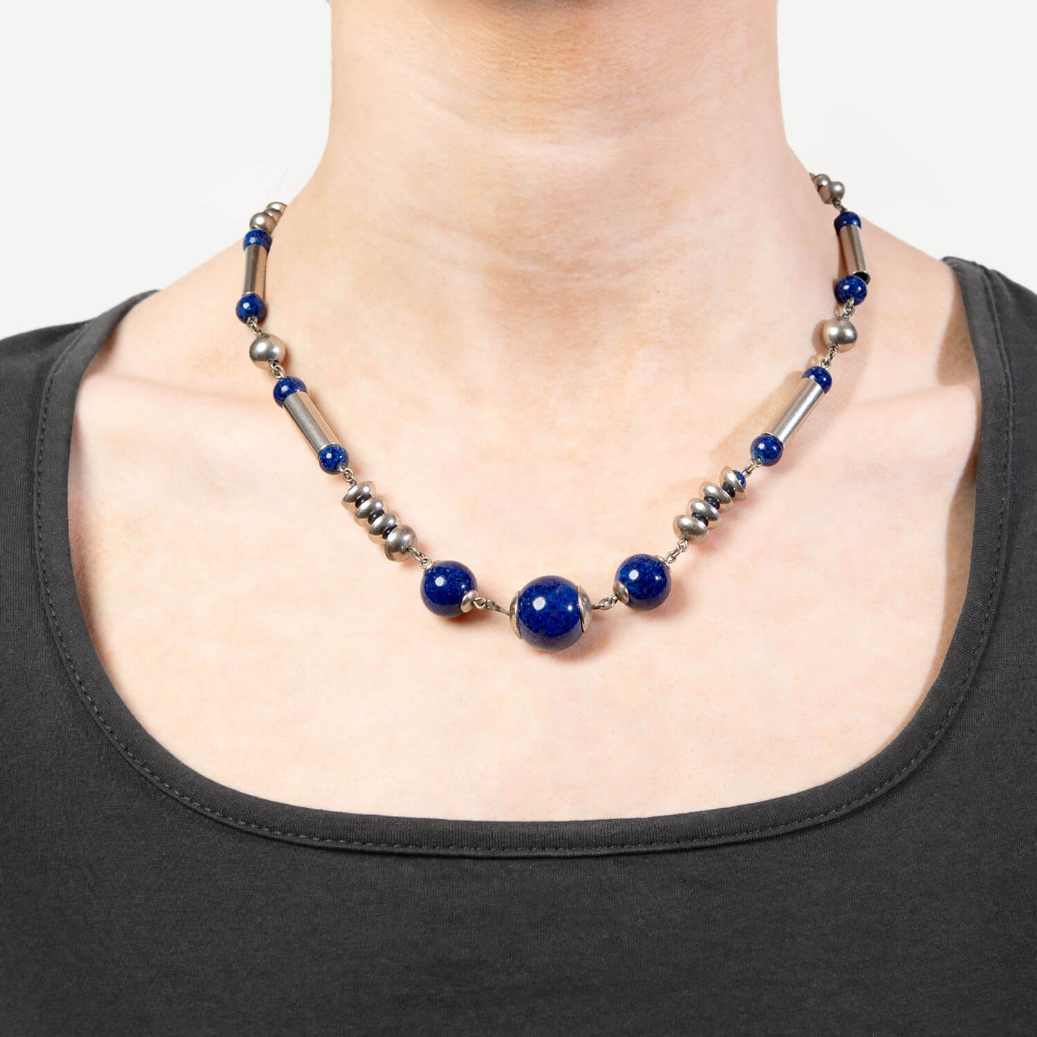 Vintage German Sterling Silver Lapis Bead Necklace