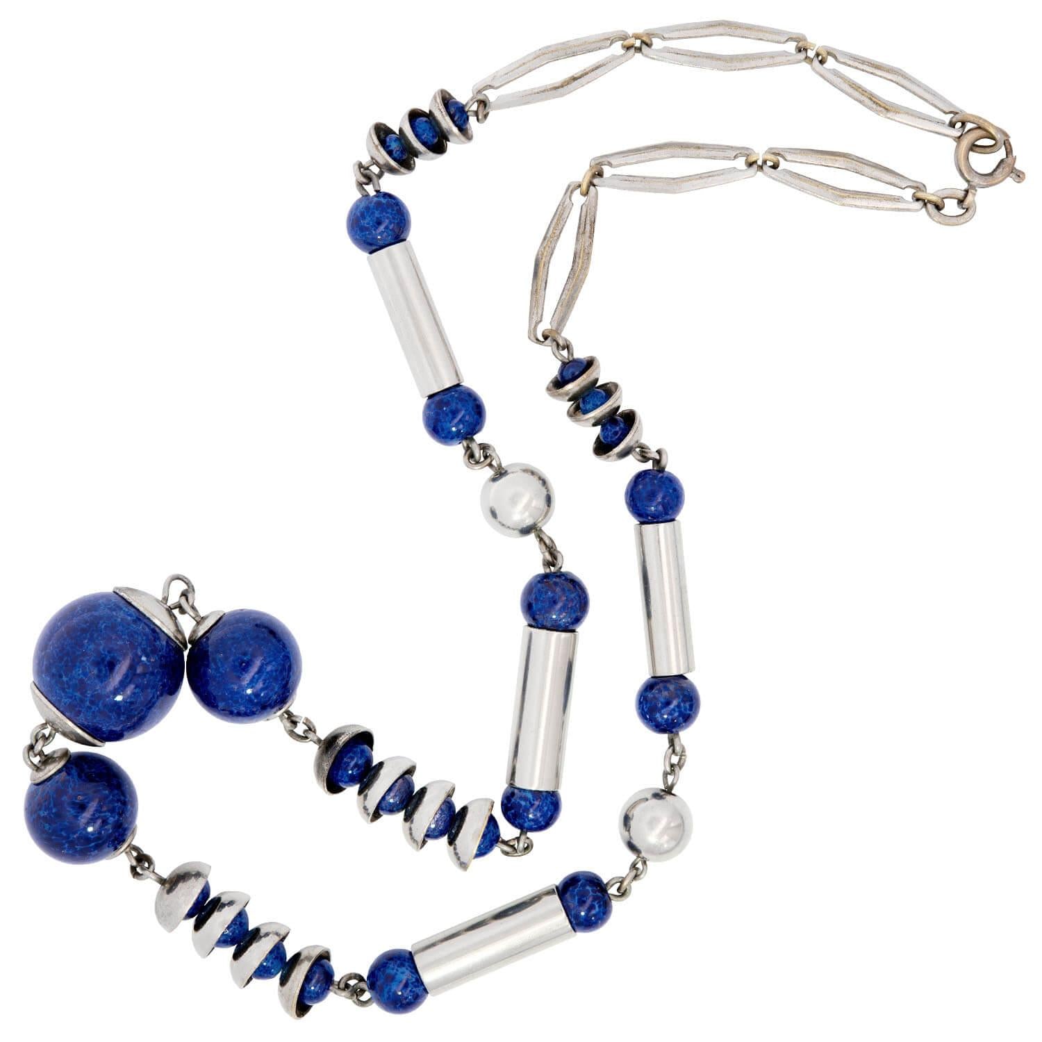 Vintage German Sterling Silver Lapis Bead Necklace