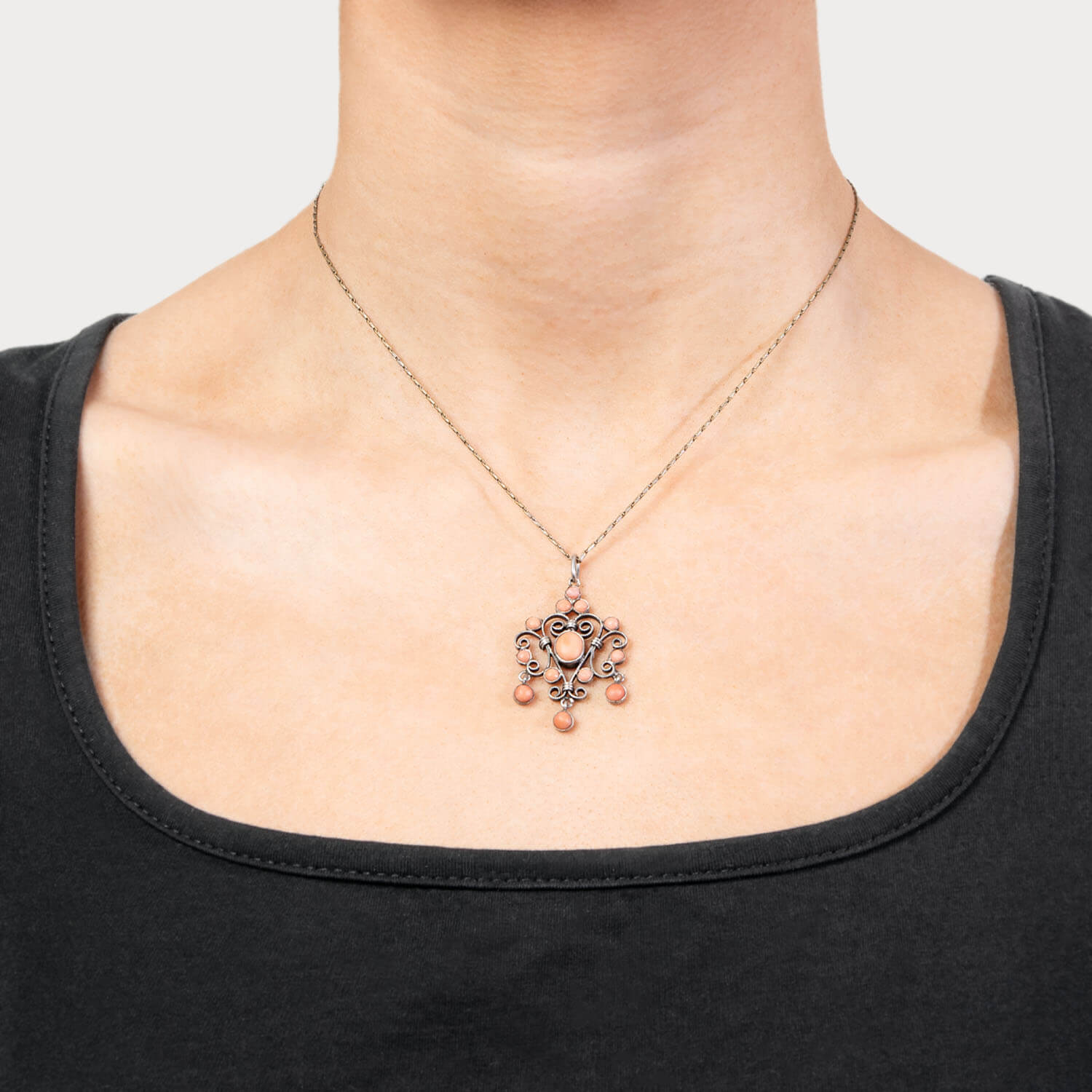 Edwardian Sterling Silver Coral Lavalier Pendant Necklace