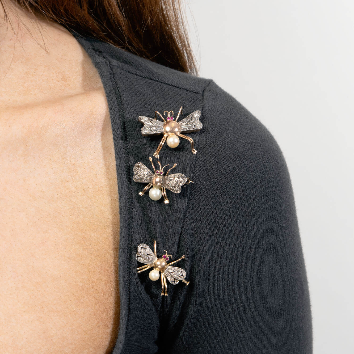 Retro 14k/Sterling Silver Ruby, Diamond, and Pearl Bug Pin Set