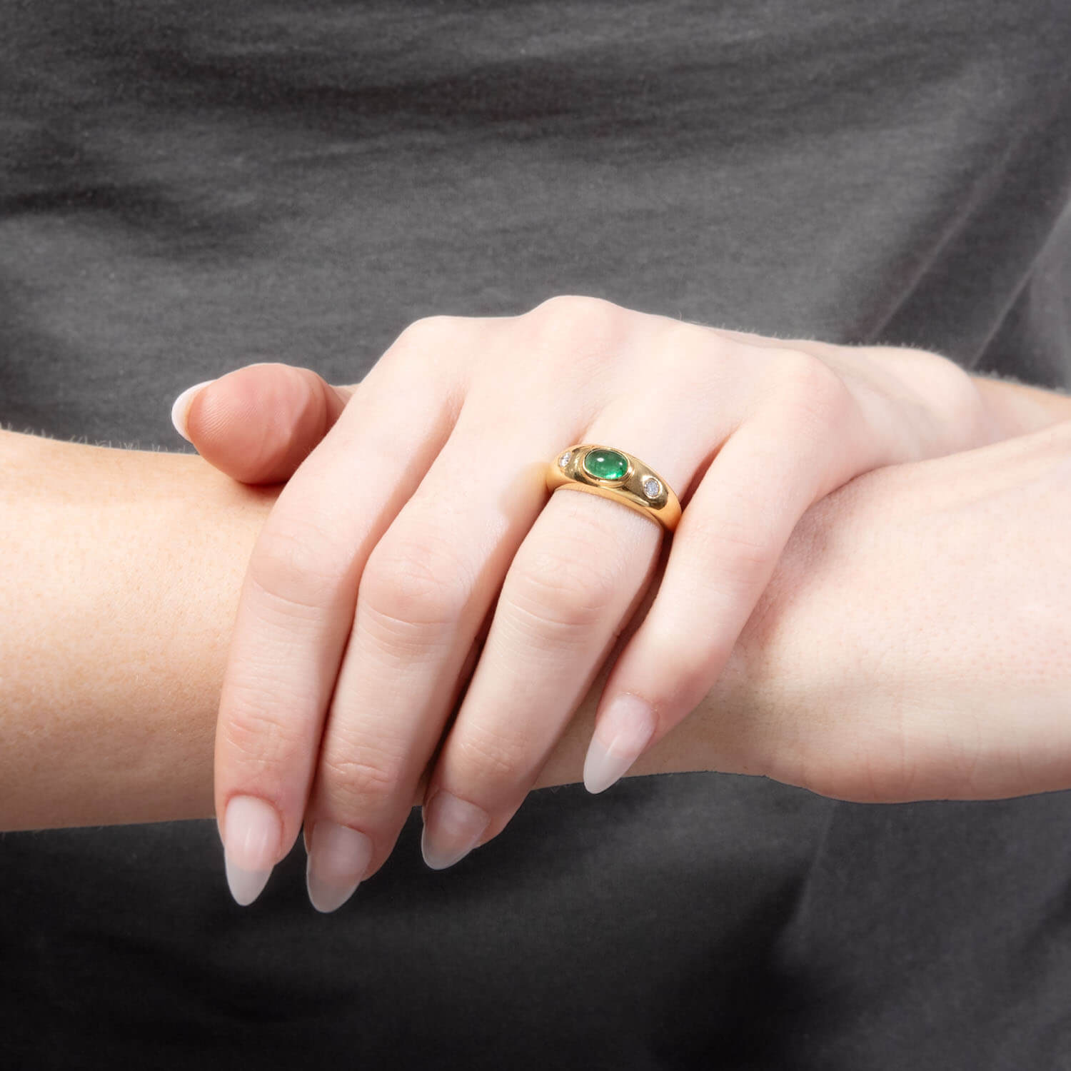 Estate 18k Emerald and Diamond Three Stone Ring