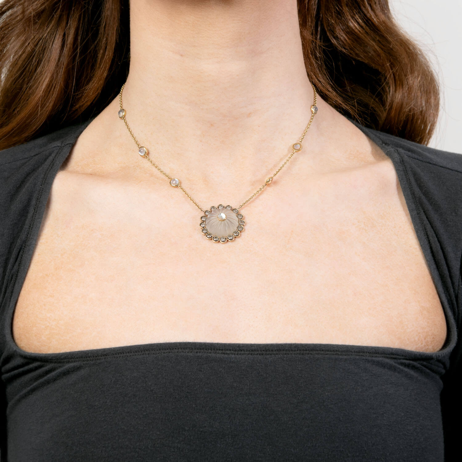 Estate 18k Moonstone, Rock Quartz Crystal, and White Sapphire Pendant Necklace