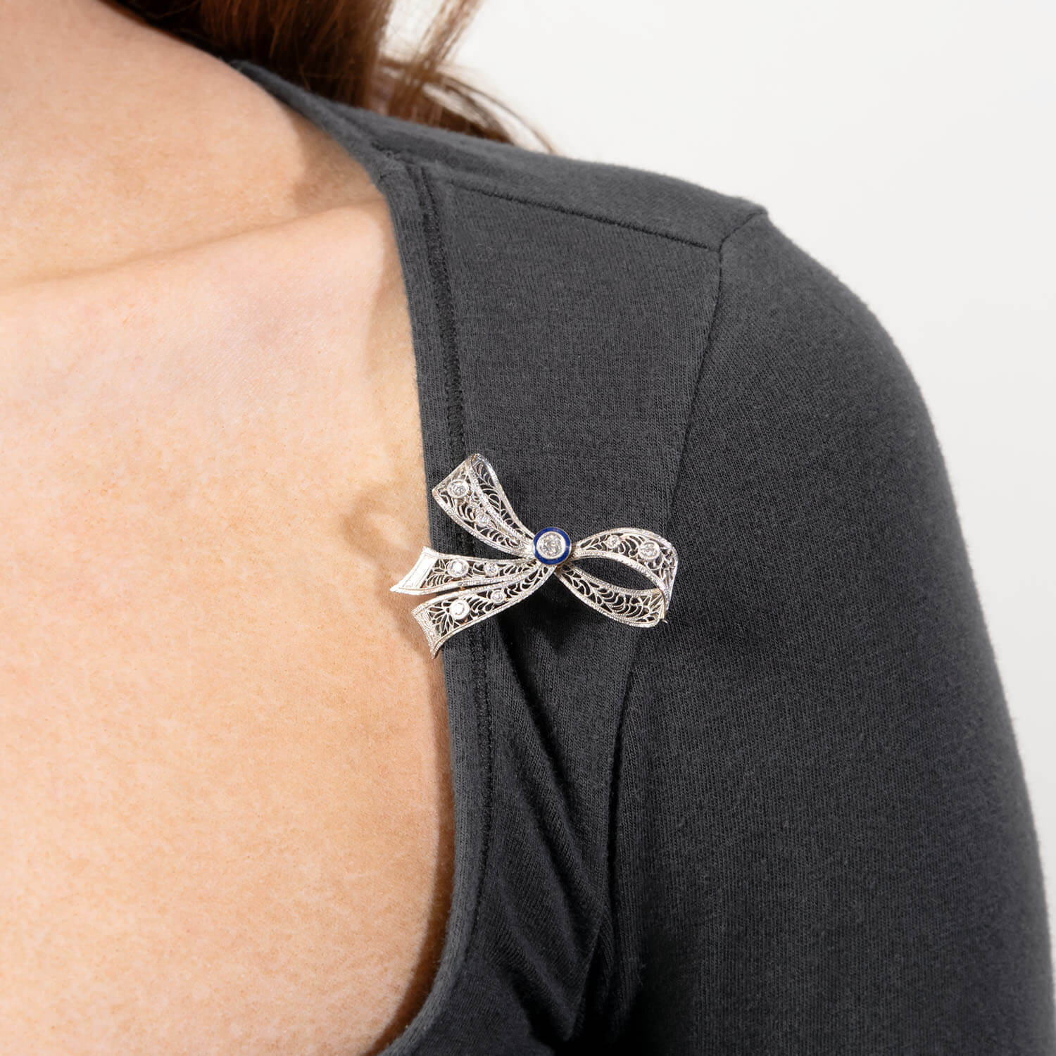 Edwardian 14k Diamond and Enamel Bow Pin