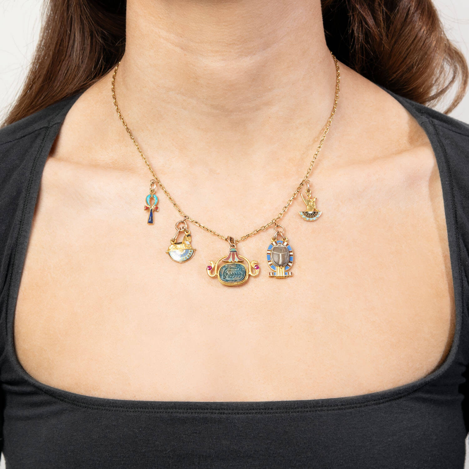 Art Deco 18k and Enamel Egyptian Charm Necklace