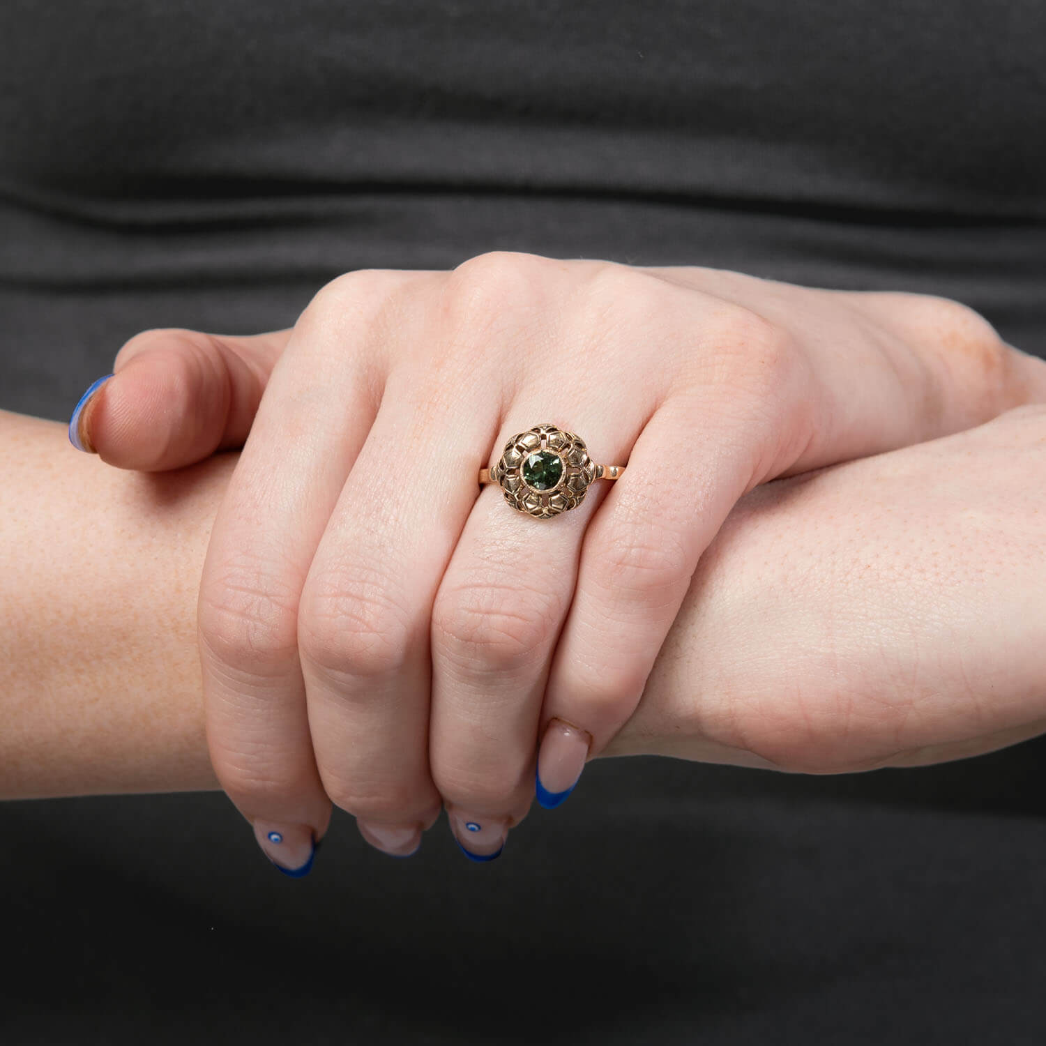 Art Deco 10k Green Garnet Floral Motif Ring