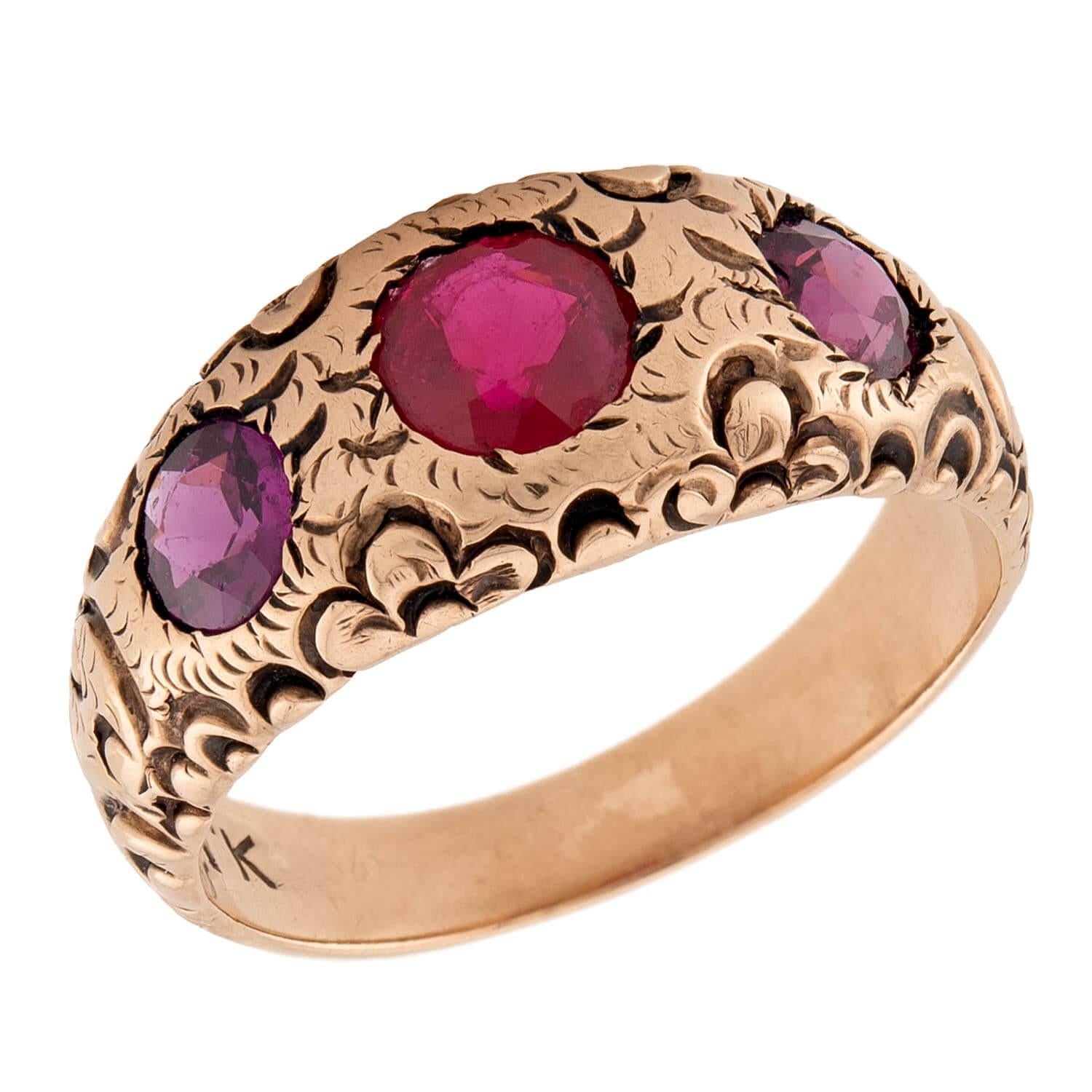 Victorian 14k Garnet Three Stone Ring