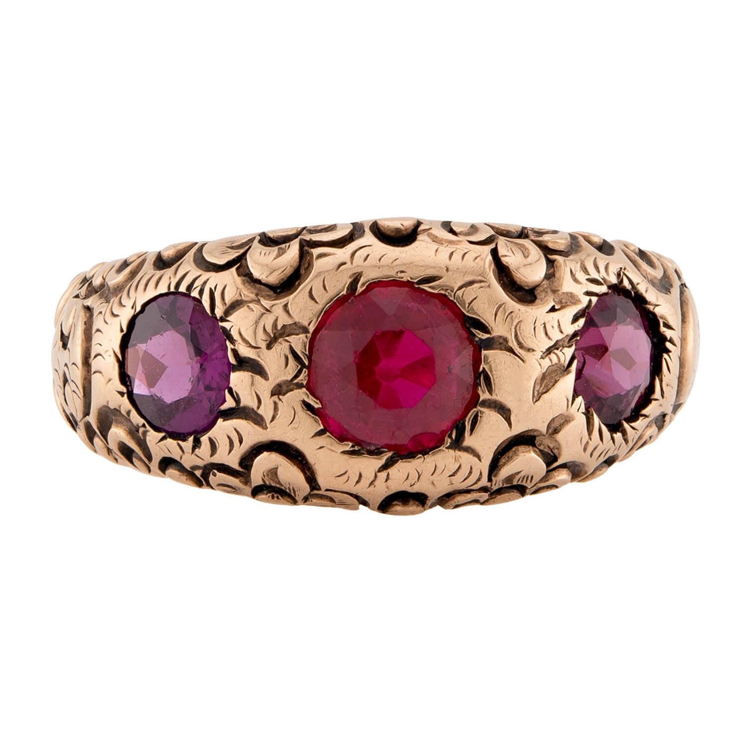 Victorian 14k Garnet Three Stone Ring