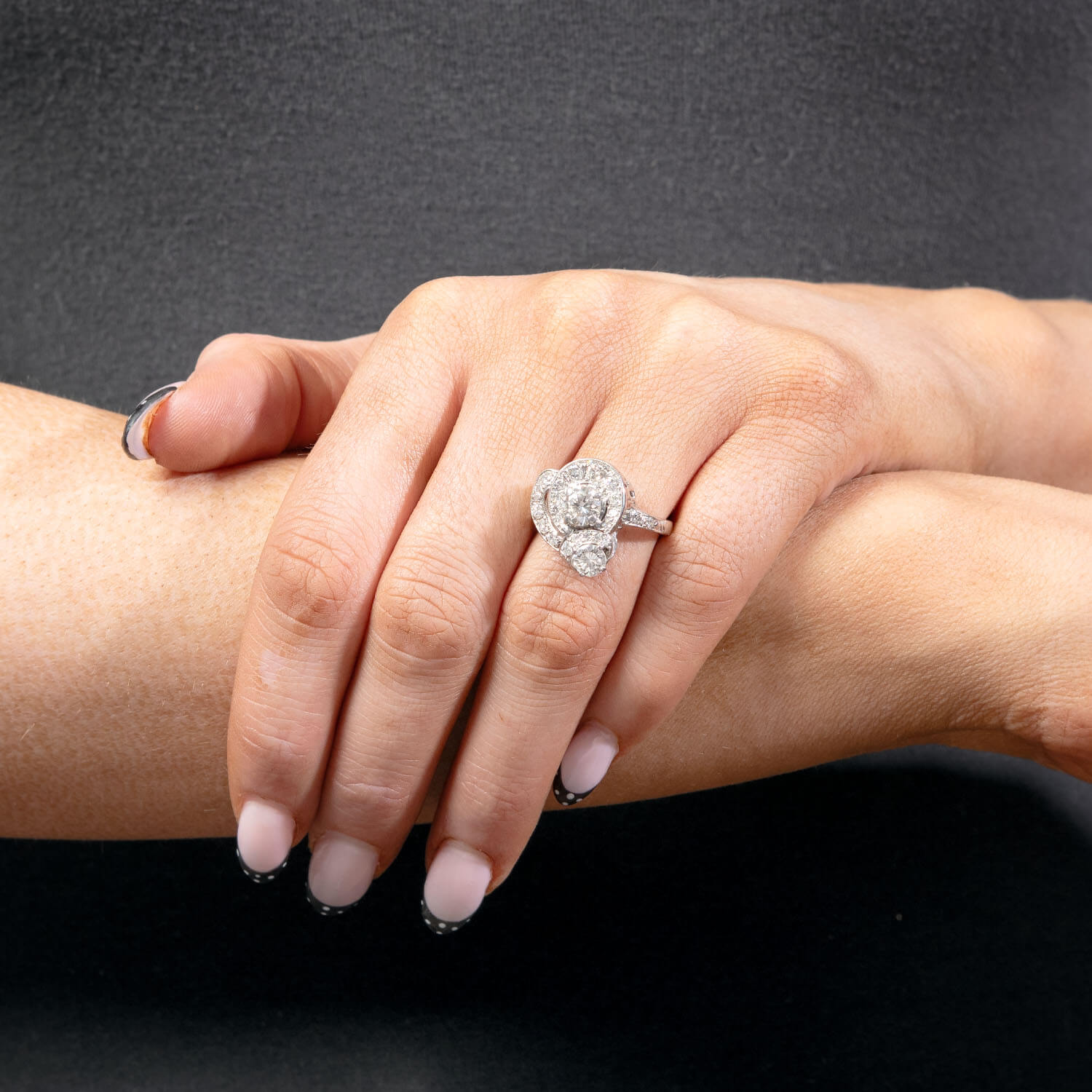 Late Art Deco Platinum Diamond Heart Motif Cluster Ring