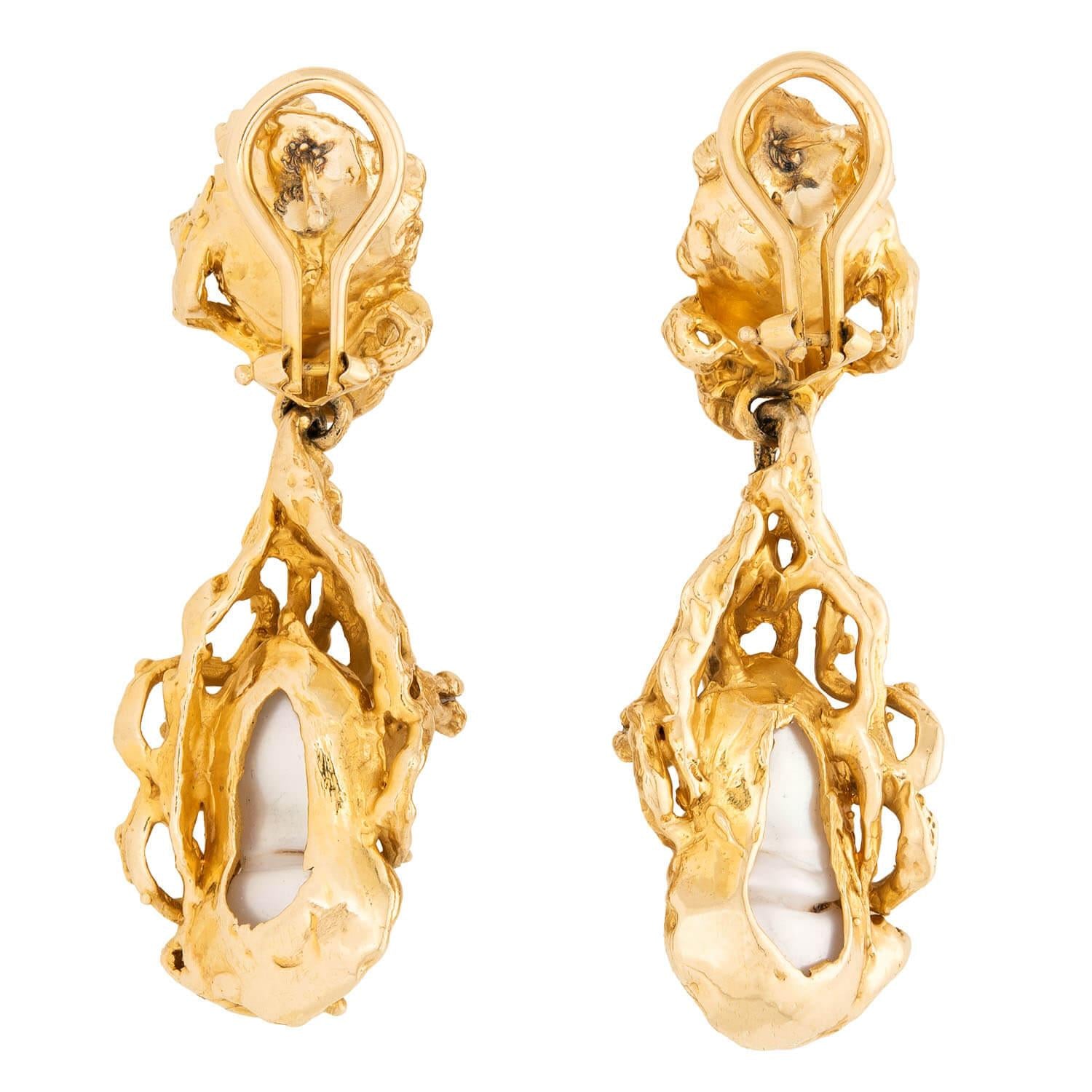 Retro 14k Pearl and Diamond Brutalist Dangle Earrings
