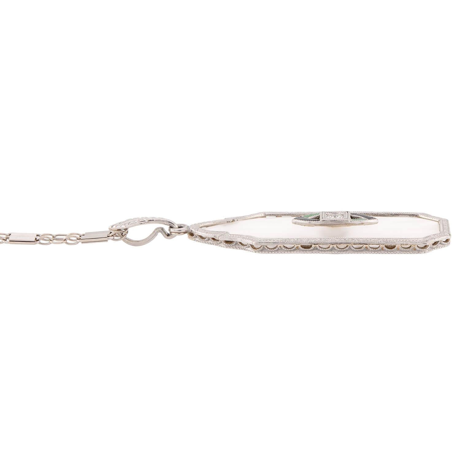KREMENTZ Art Deco 14k Rock Quartz Crystal, Diamond, & Enamel Pendant Necklace