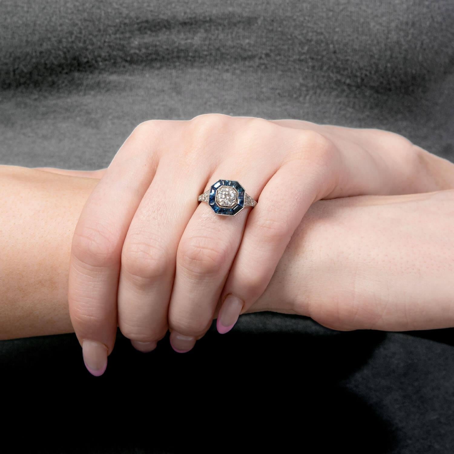 Estate Platinum Diamond & Sapphire Engagement Ring .60ct
