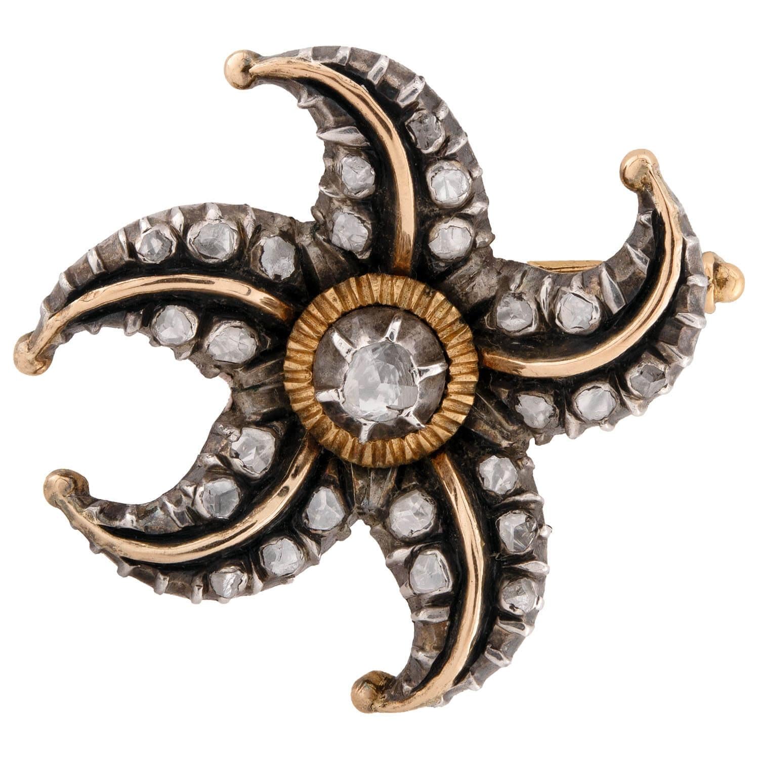 Victorian 14k/Sterling Silver Diamond Starfish Pin