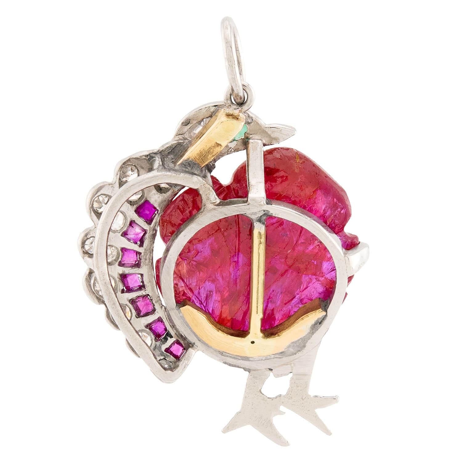Retro Platinum Ruby, Emerald, & Diamond Turkey Pendant/Charm