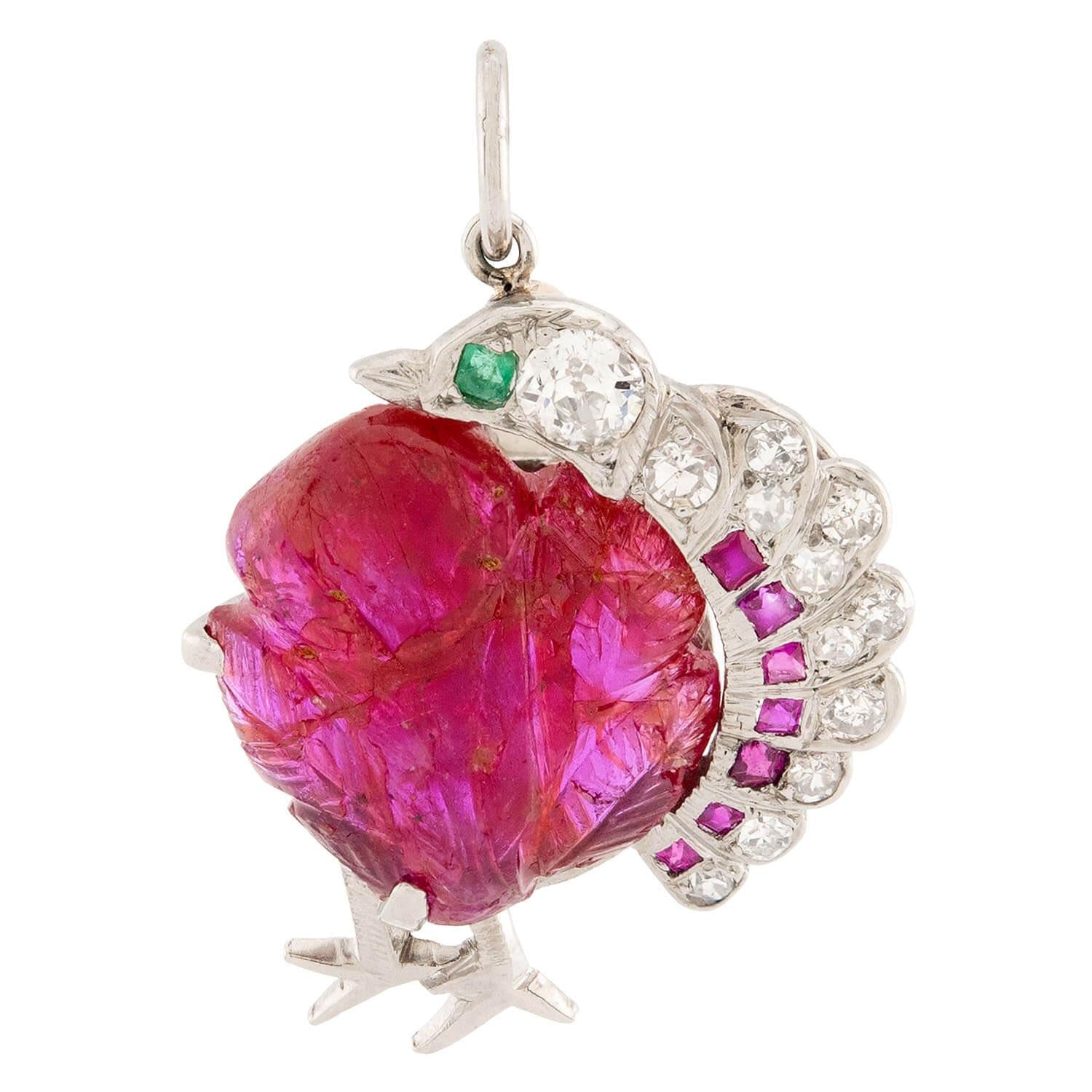 Retro Platinum Ruby, Emerald, & Diamond Turkey Pendant/Charm