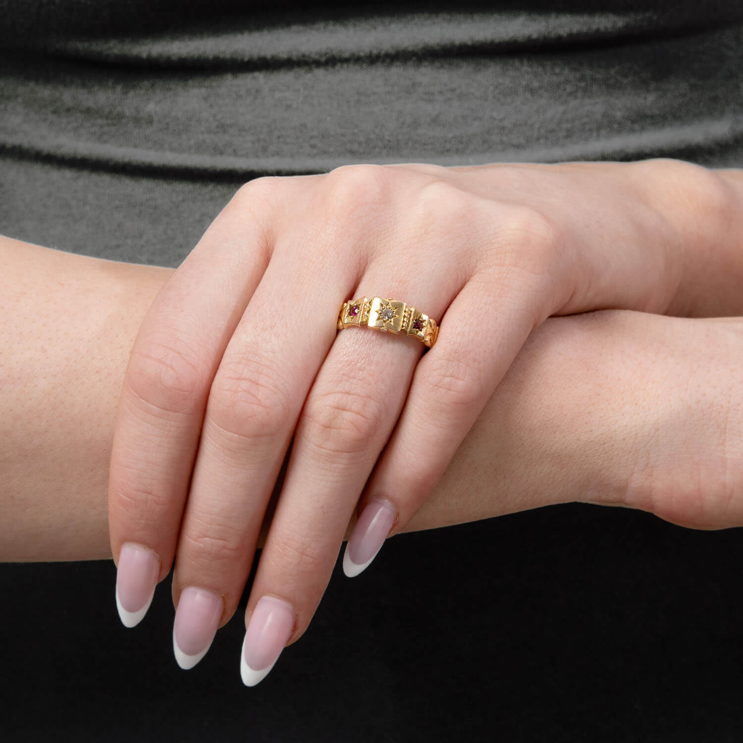 Victorian English 18k Ruby & Diamond Starburst-Motif Ring