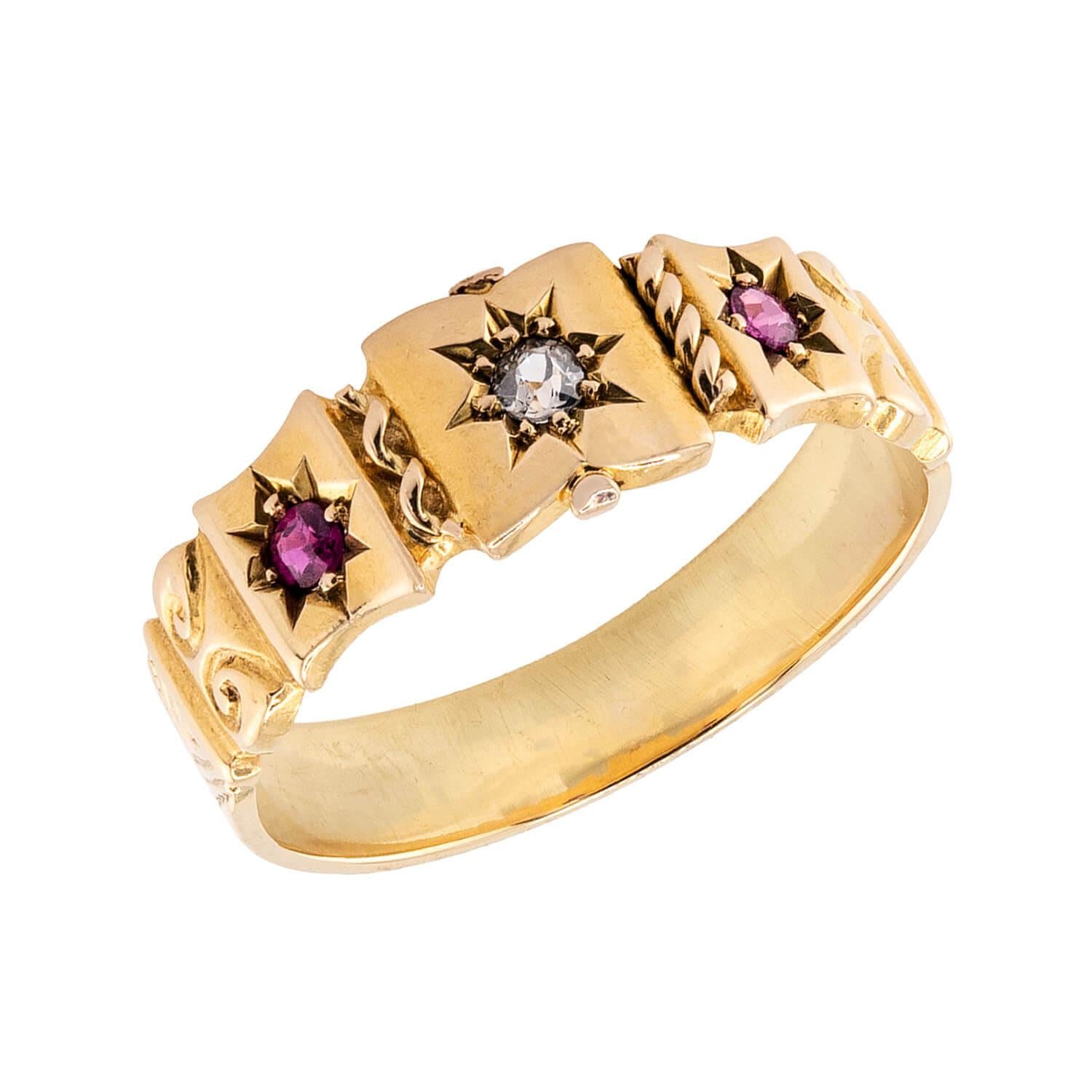 Victorian English 18k Ruby & Diamond Starburst-Motif Ring
