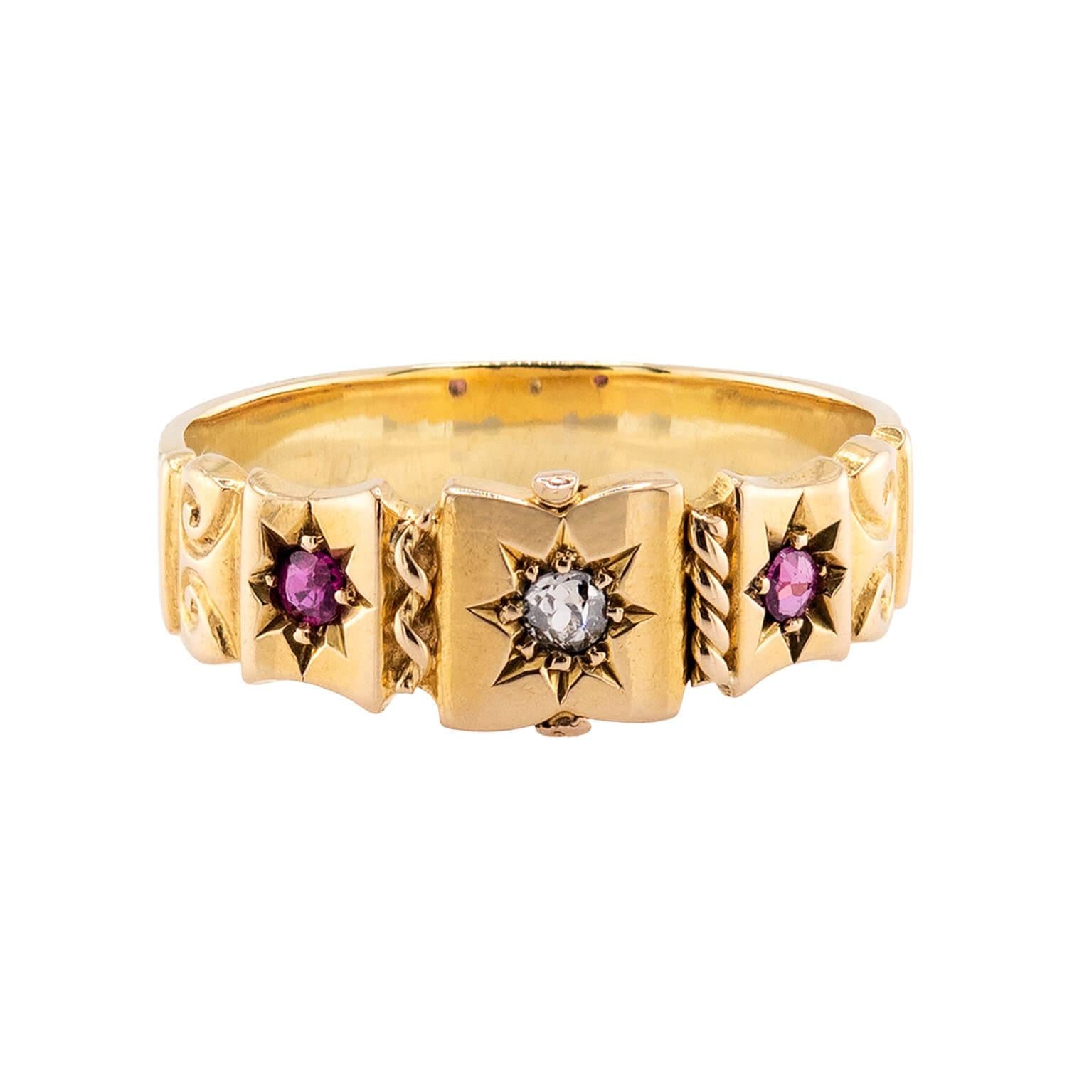 Victorian English 18k Ruby & Diamond Starburst-Motif Ring