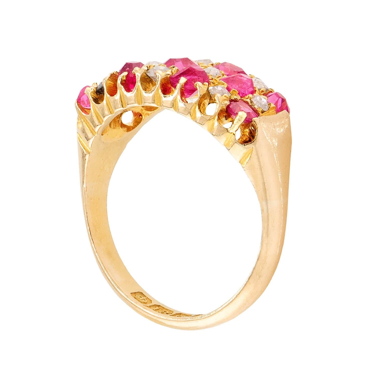 Edwardian English 18k Ruby & Diamond Checkerboard Ring