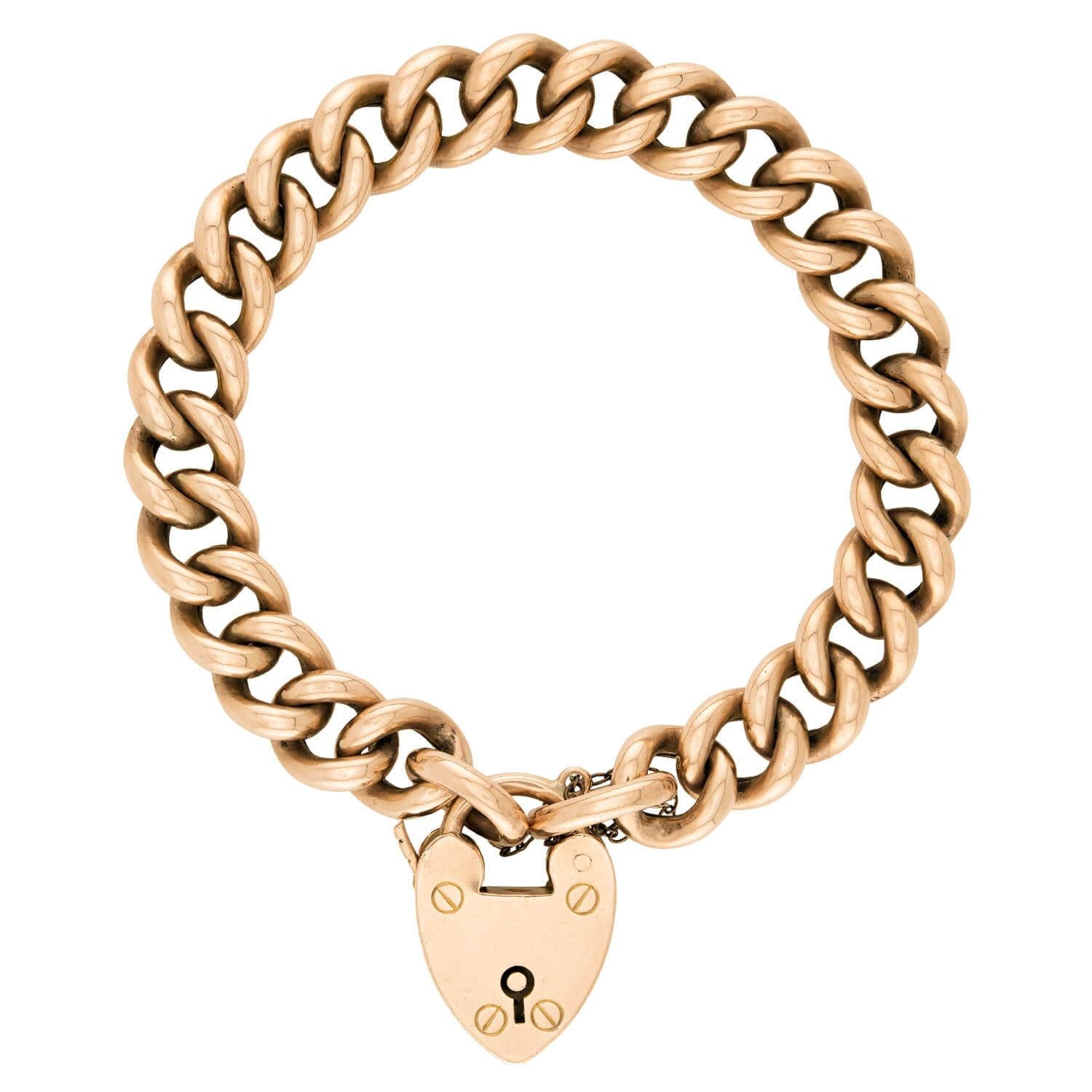Victorian 9k Heart Padlock Curb Link Bracelet