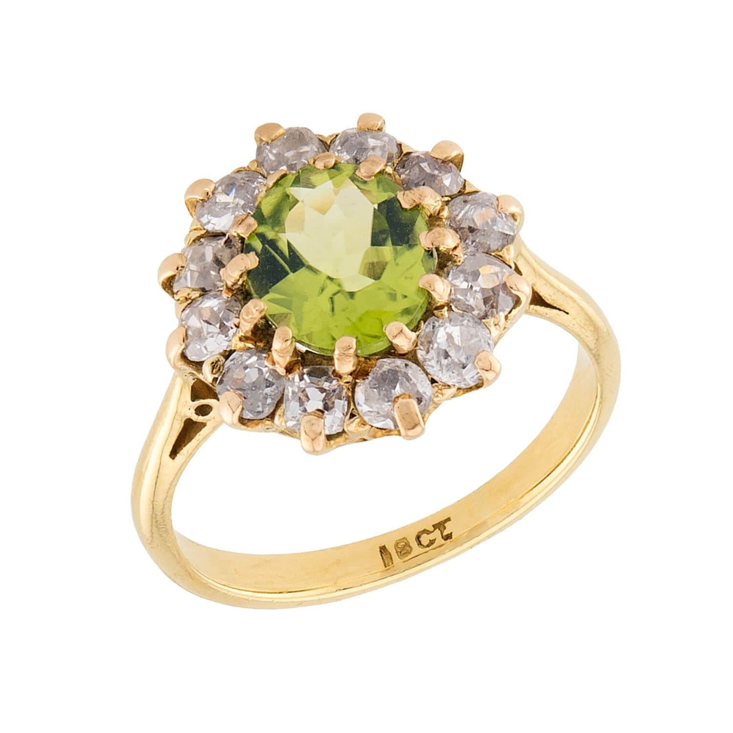 Edwardian English 18k Peridot & Diamond Halo Ring