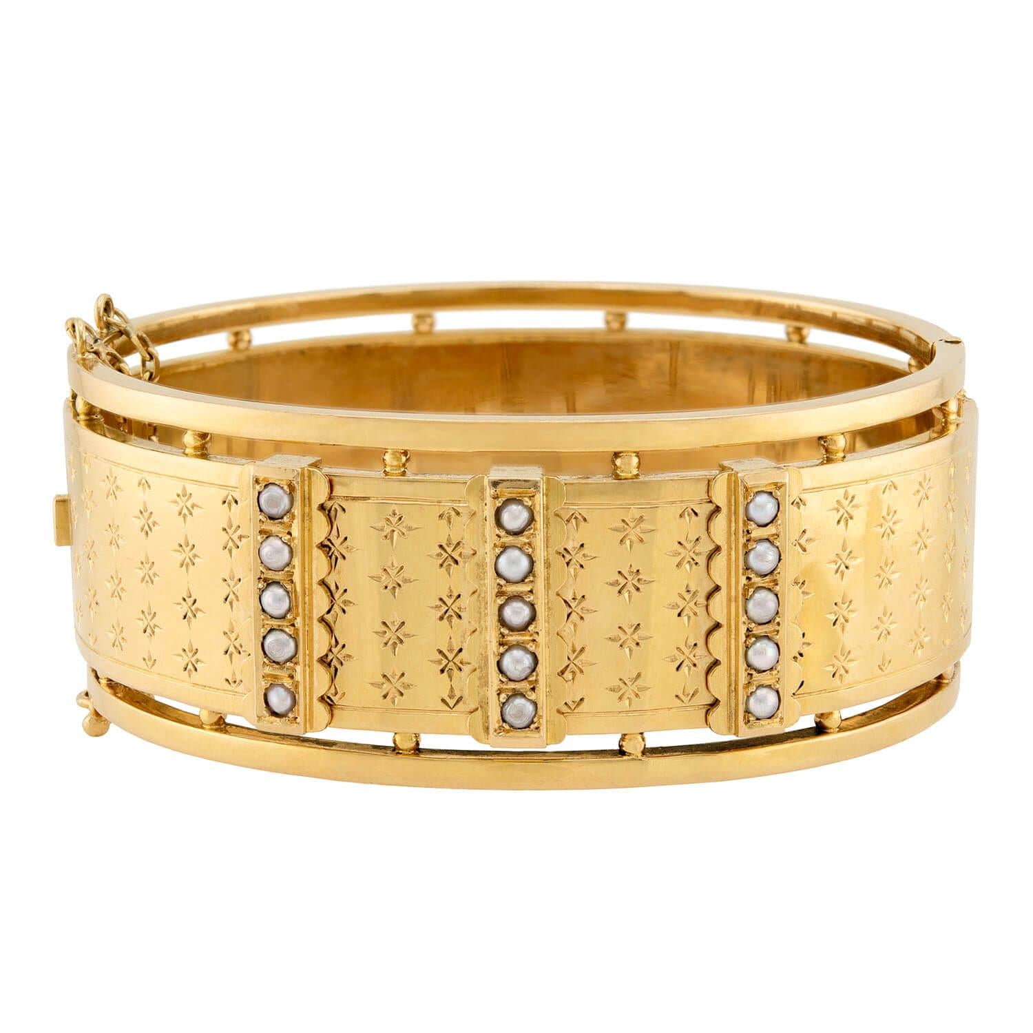 Victorian French 18k Pearl Hinged Cuff Bracelet