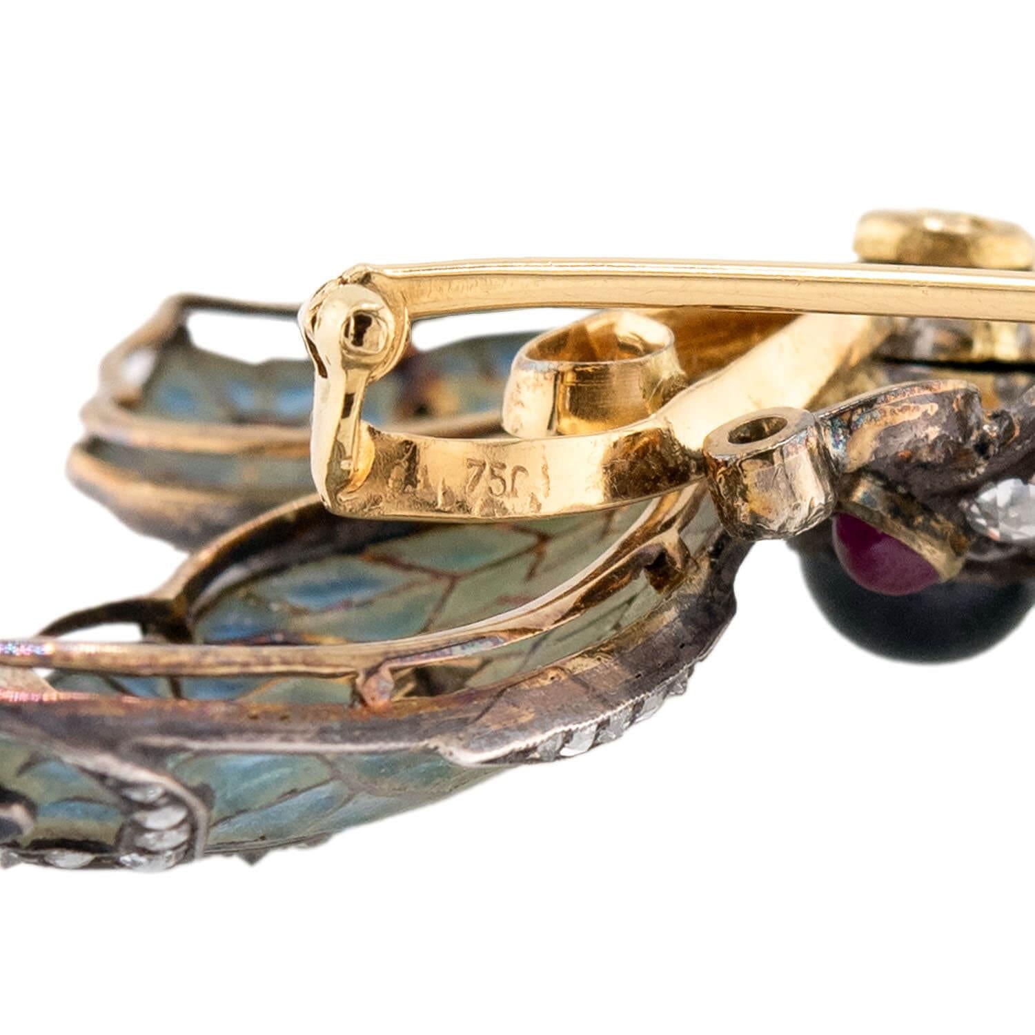 Edwardian 18k/Sterling Plique-À-Jour Sapphire, Ruby, & Diamond Butterfly Brooch