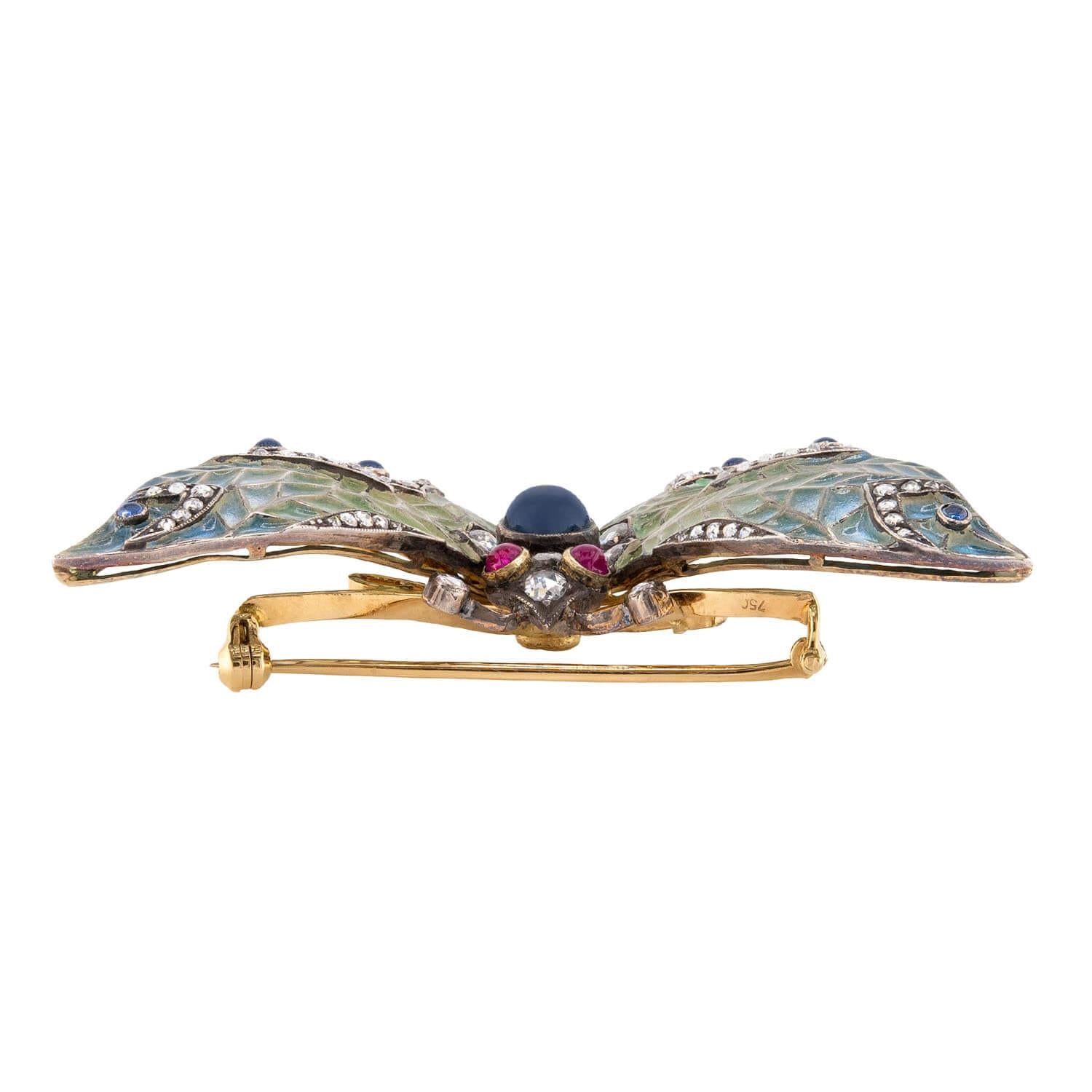 Edwardian 18k/Sterling Plique-À-Jour Sapphire, Ruby, & Diamond Butterfly Brooch