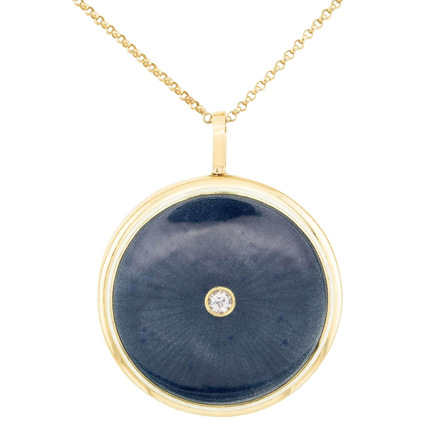 Victorian 14k Guilloche Enamel & Diamond Locket Pendant Necklace