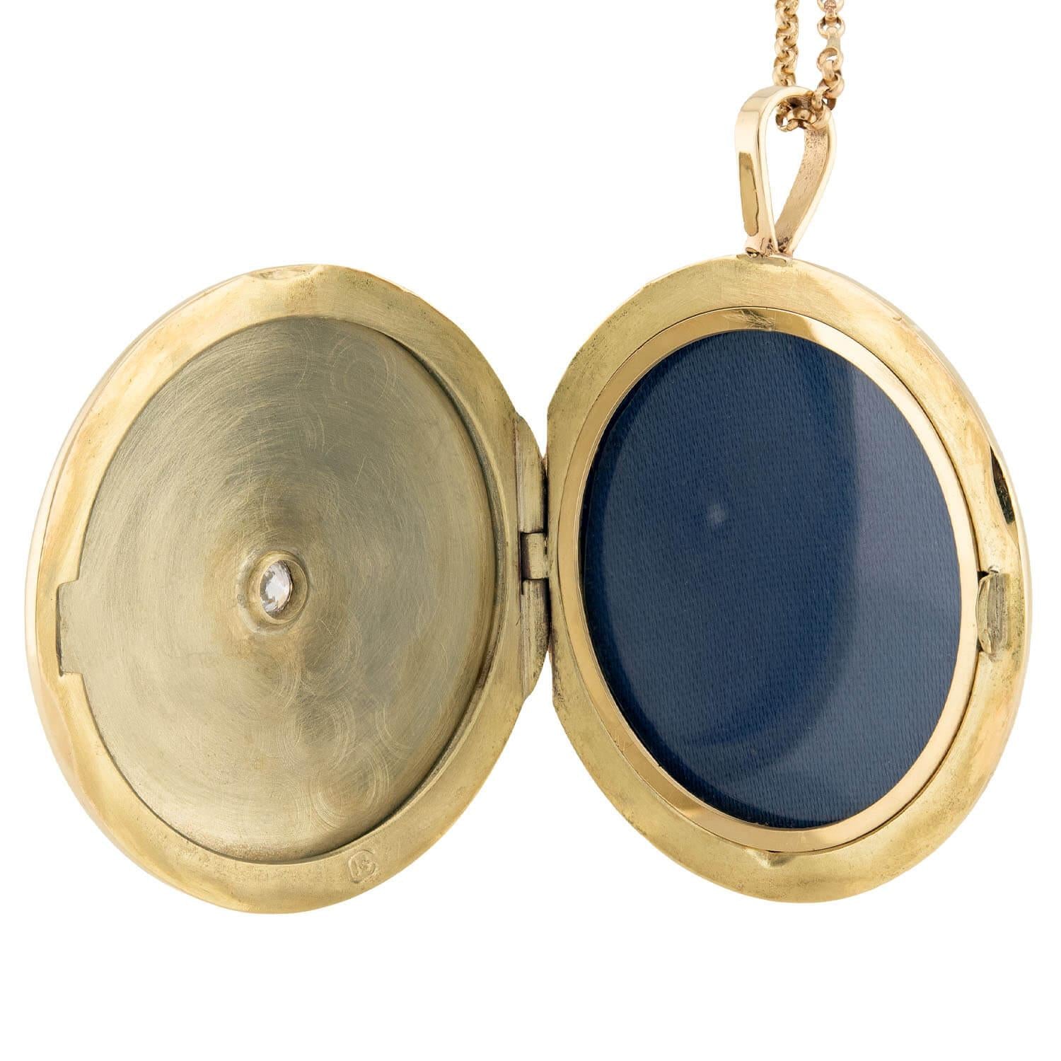 Victorian 14k Guilloche Enamel & Diamond Locket Pendant Necklace