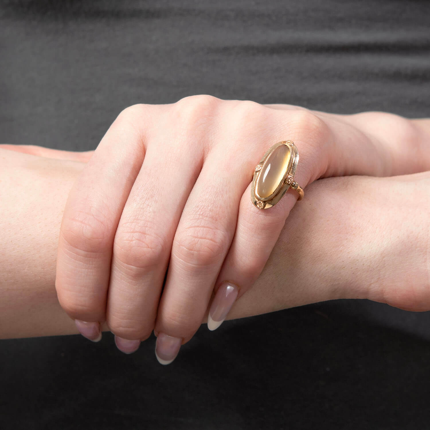 Arts & Crafts 14k Chalcedony Navette Ring