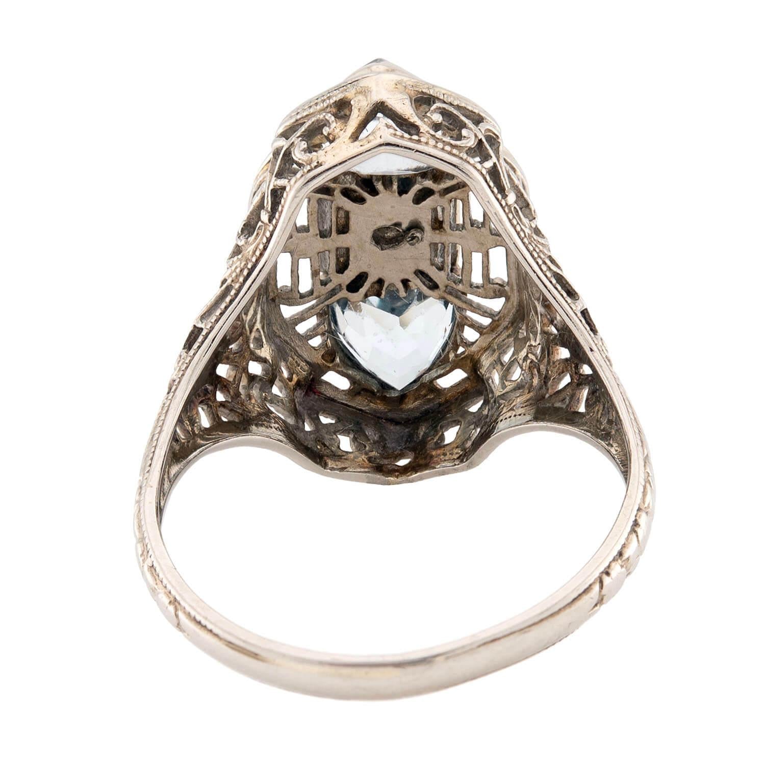 Art Deco 14k Aqua & Diamond Navette Ring