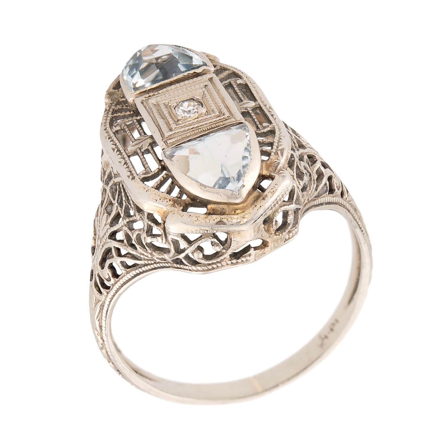 Art Deco 14k Aqua & Diamond Navette Ring