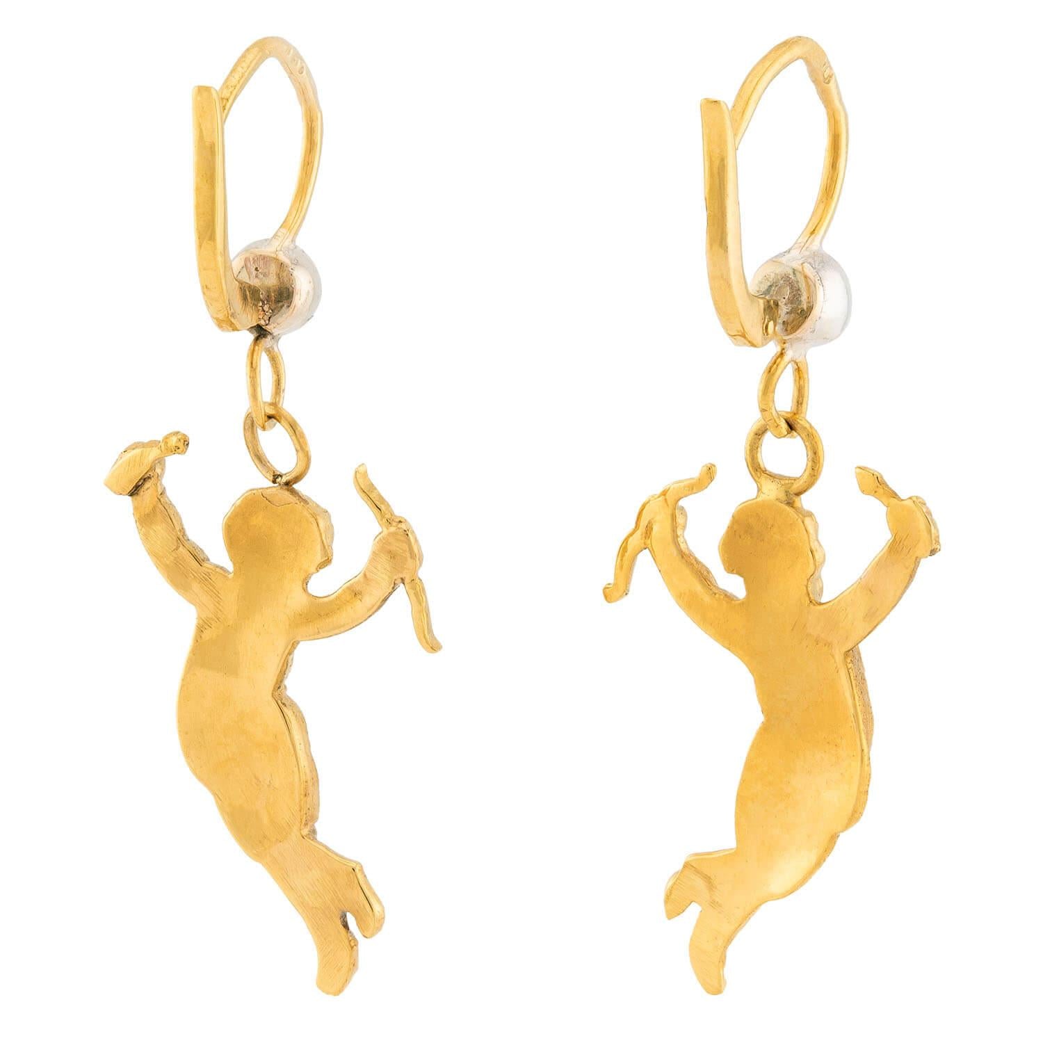 Victorian French 14k/Platinum Diamond Cherub Dangle Earrings