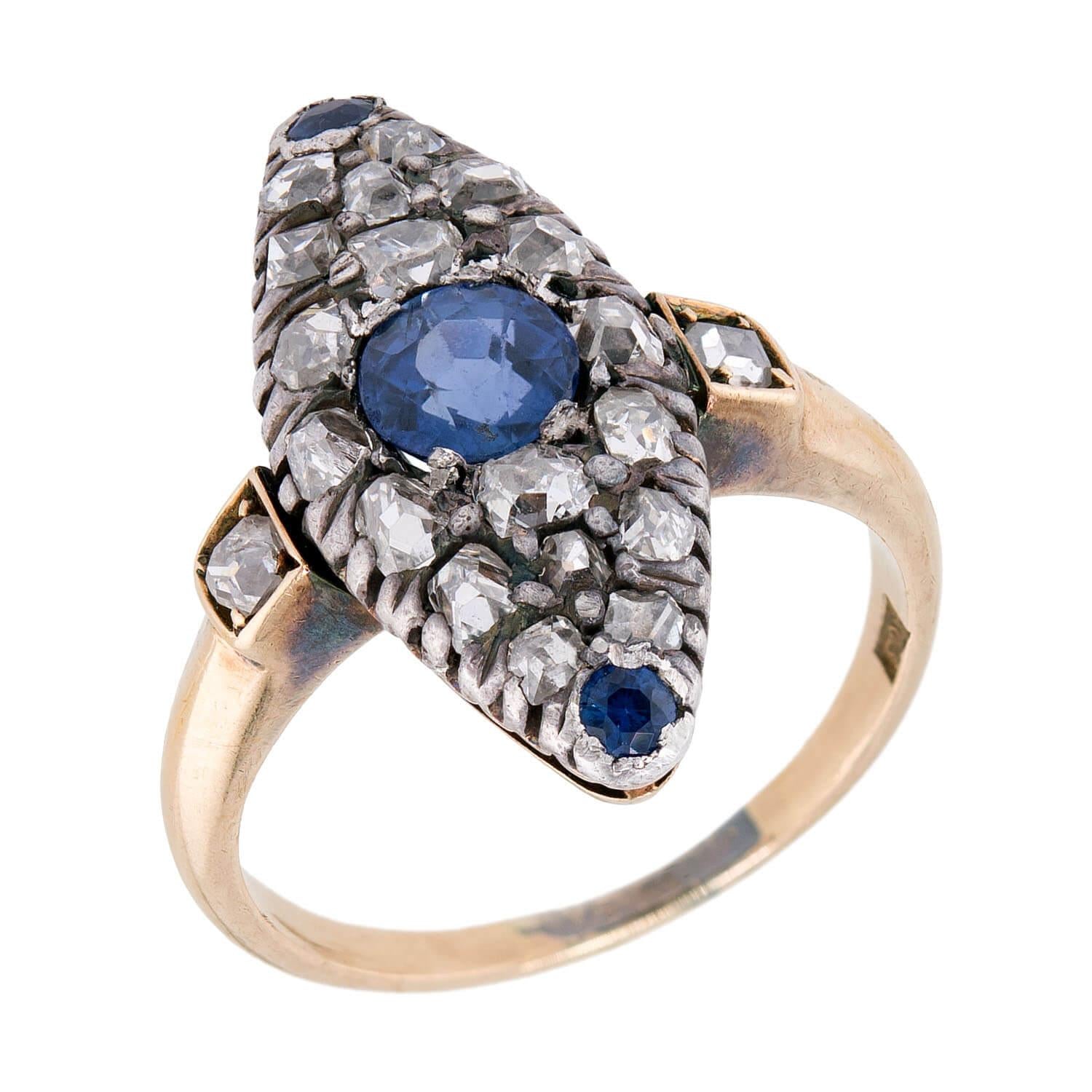 Victorian 14k/Sterling Silver Diamond & Sapphire Navette Ring