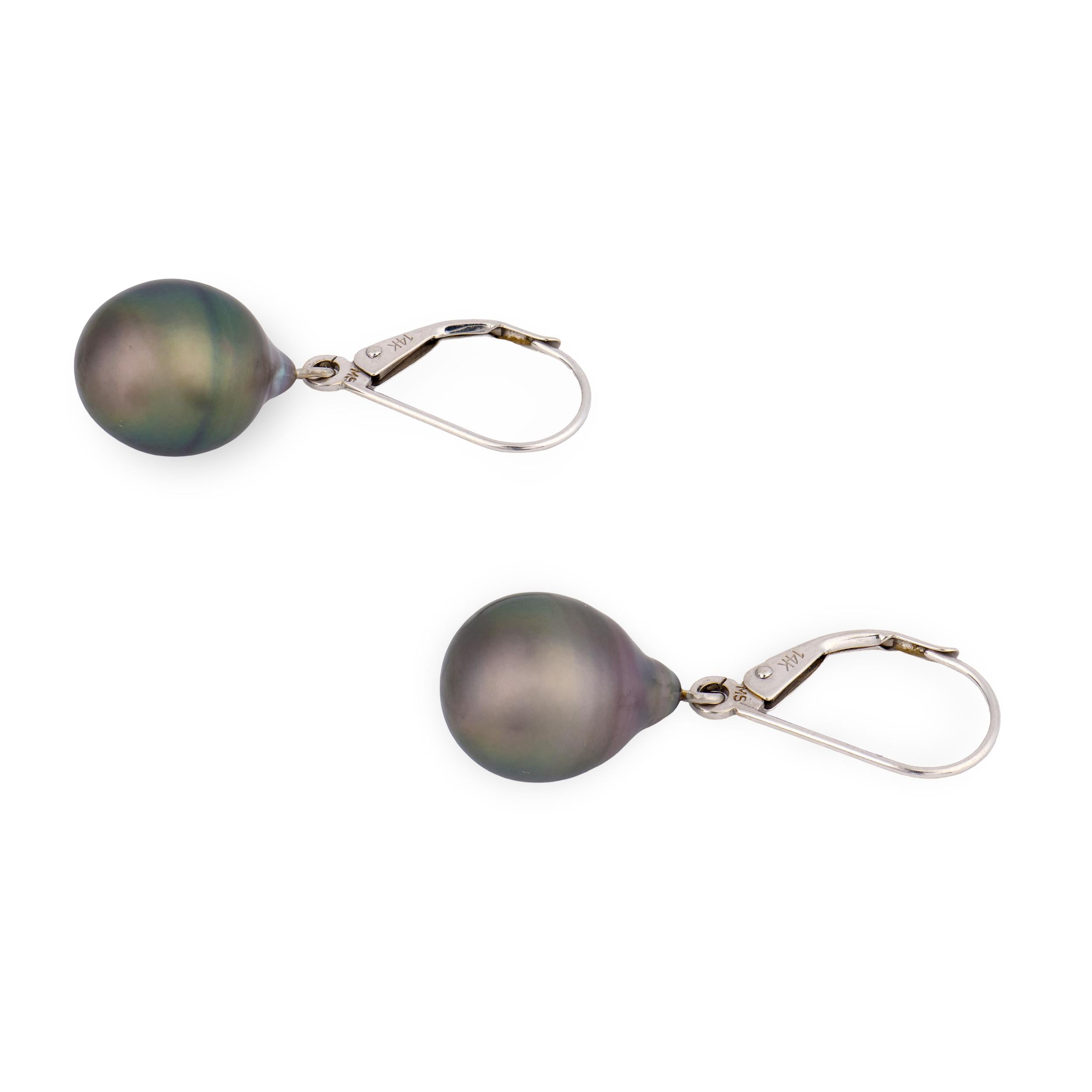 Estate 14k Black Tahitian Pearl Dangle Earrings 10mm
