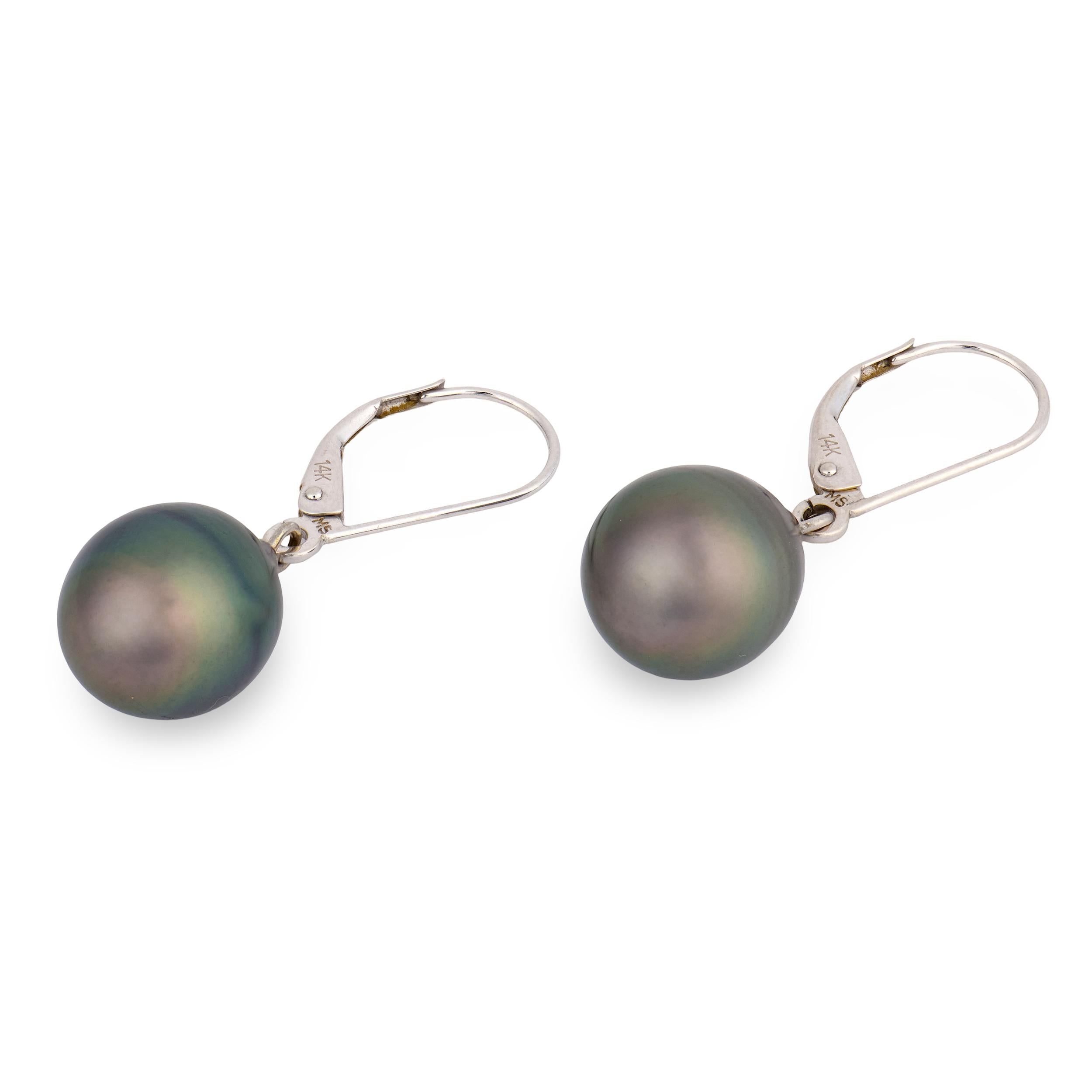 Estate 14k Black Tahitian Pearl Dangle Earrings 10mm