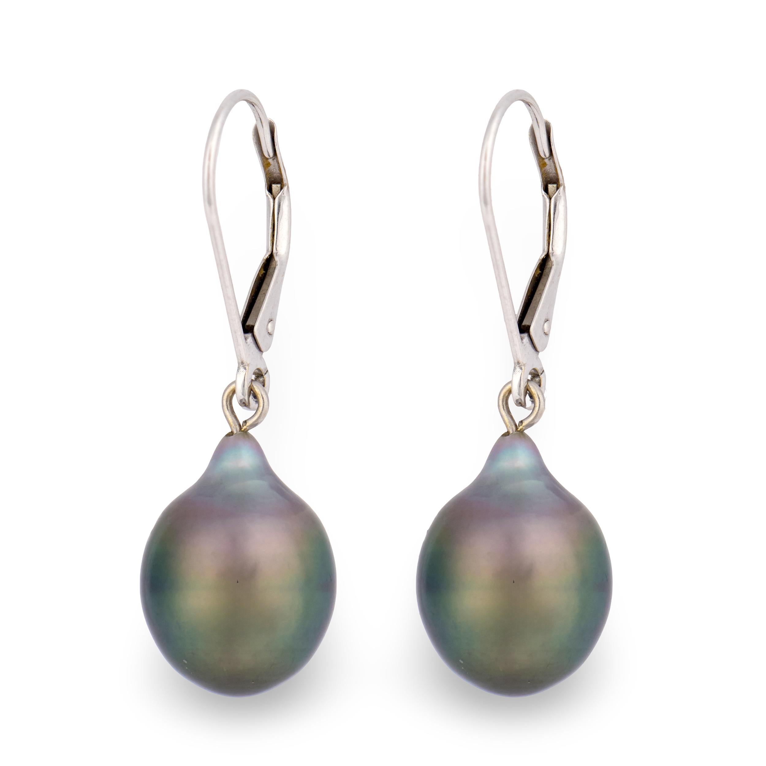 Estate 14k Black Tahitian Pearl Dangle Earrings 10mm