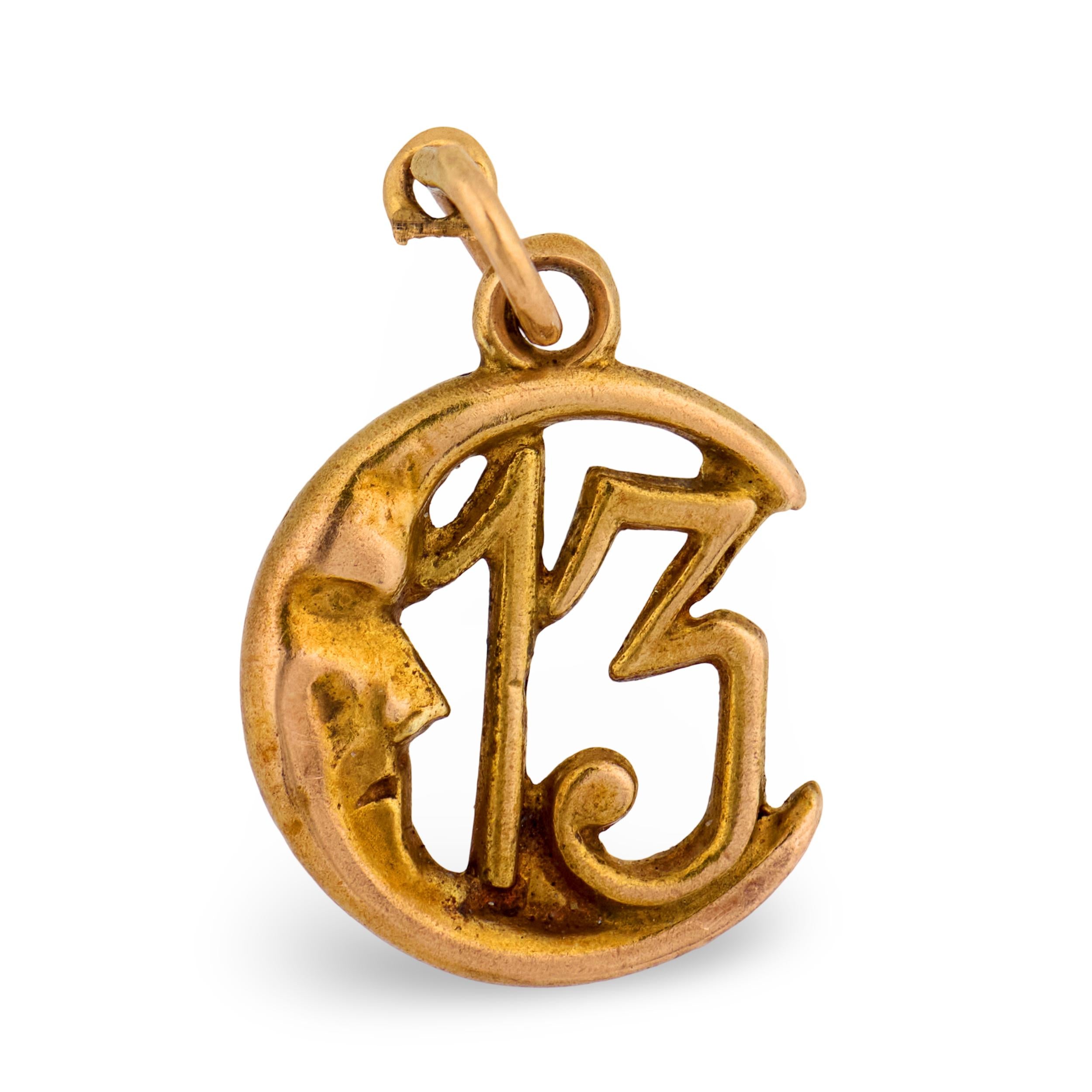 Art Nouveau 18k "13" Crescent-Motif Pendant/Charm